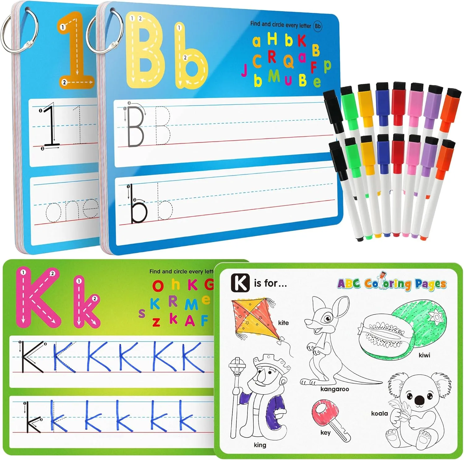 Coogam Handwriting Drawing Practice Cards, 36pcs Alphabet Number Painting Coloring with Pens, Double Sided Write and Wipe Tracing Flashcards, Educational Montessori Toy Gift for 3 4 5 Year Old Kids