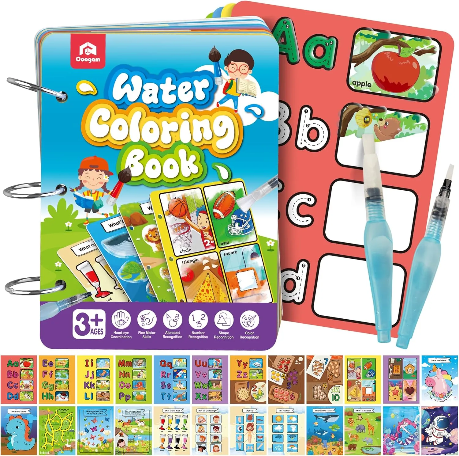 Coogam Water Coloring Busy Book, Auqa Water Painting Toys with No Mess Drawing, 12 Double Sided Water Doodle Set for Easter Basket Stuffer, Educational Learning Gifts for 3 4 5 Year Old Kids