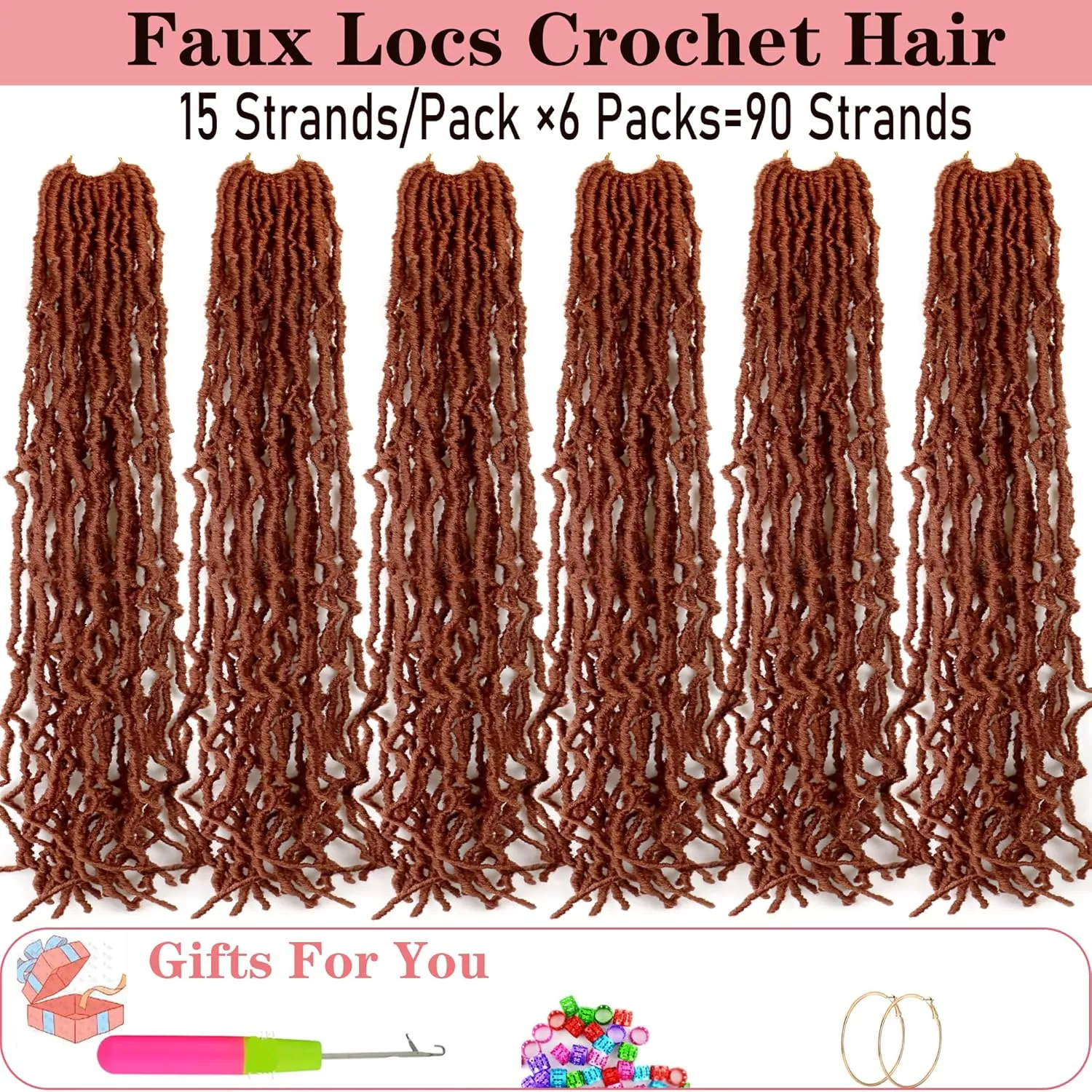 Copper Faux Locs Crochet Hair-24 Inch 6 Packs Ginger Soft Locs Crochet Hair Goddess Locs Crochet Braids For Women Pre Looped Synthetic Braid Locs For Human Hair Extensions(24in,6packs,350#)