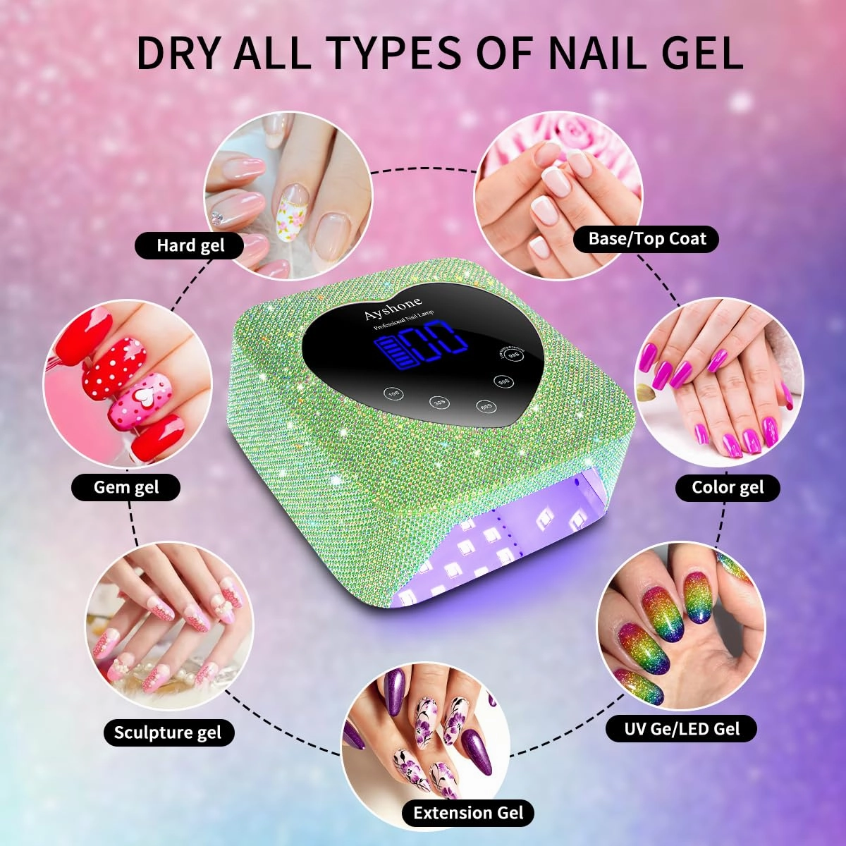 Cordless UV LED Nail Lamp,72W Rechargeable Nail Dryer Gel Polish Light with Large LCD Display,Rechargeable Nail Curing Lamp for Salon & Home (Pearl Green)