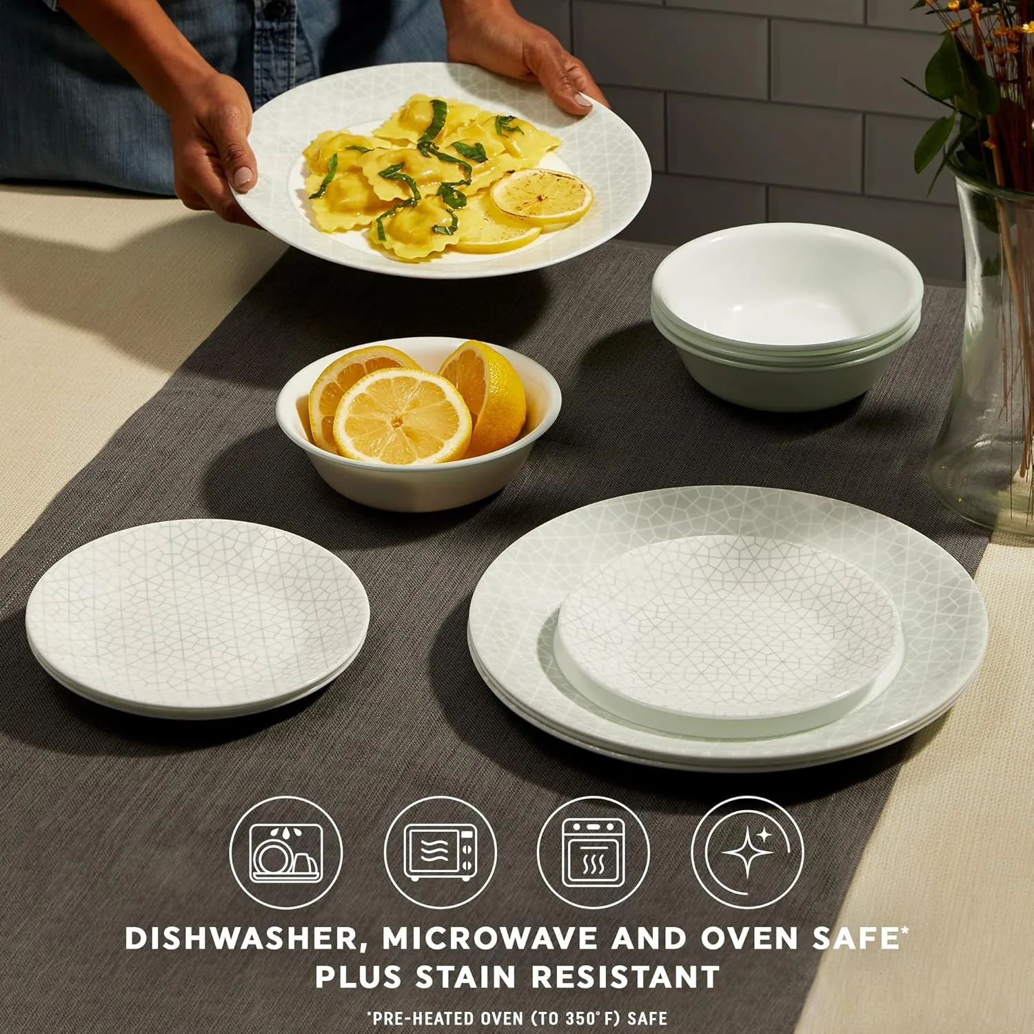 Corelle Vitrelle 18 Piece Glass Dinnerware Sets Service for 6, Triple Layer Chip & Crack Resistant Glass Plate and Bowl Sets, Knox