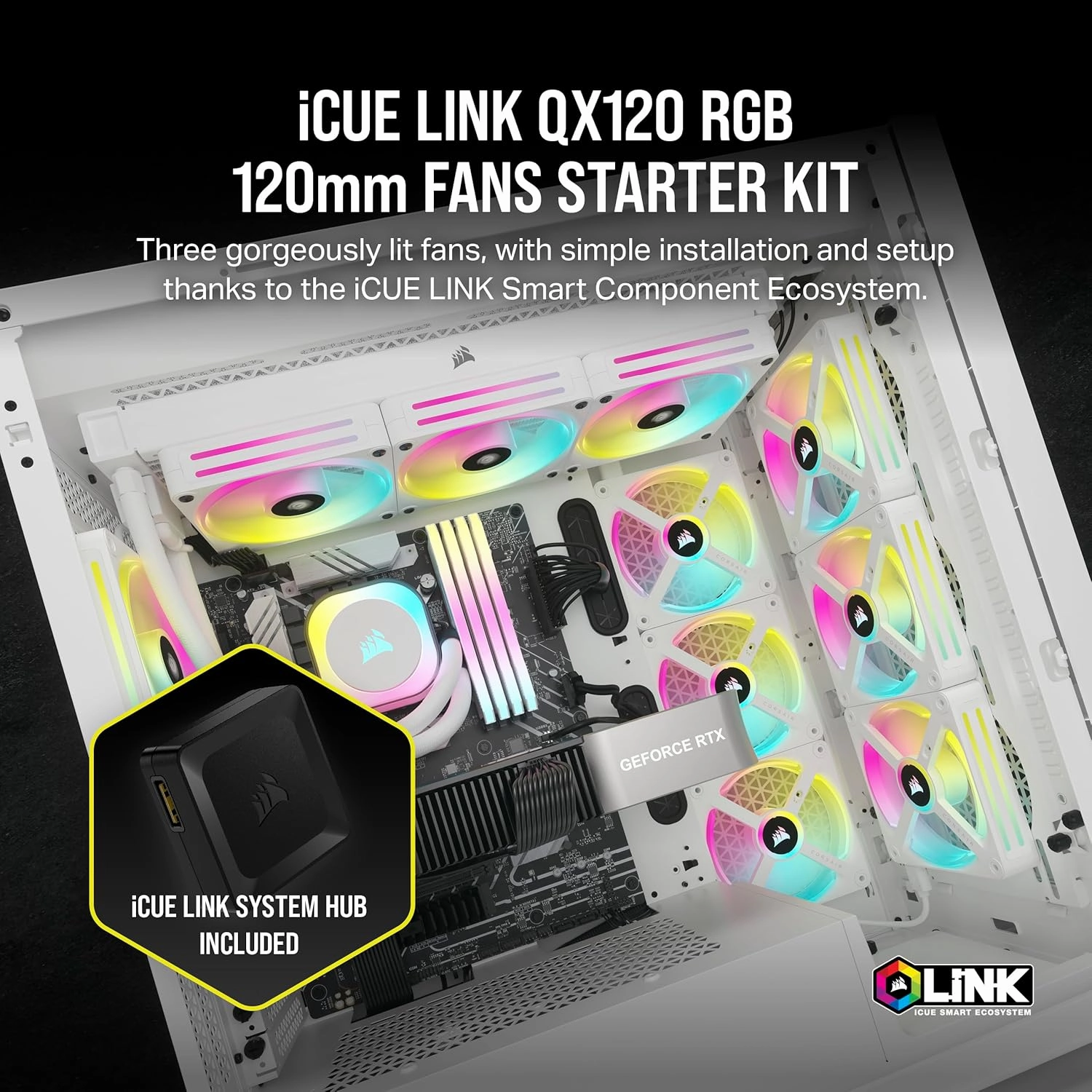 Corsair iCUE LINK QX120 RGB 120mm Magnetic Dome RGB Fans - Triple Fan Starter Kit with iCUE LINK System Hub - White