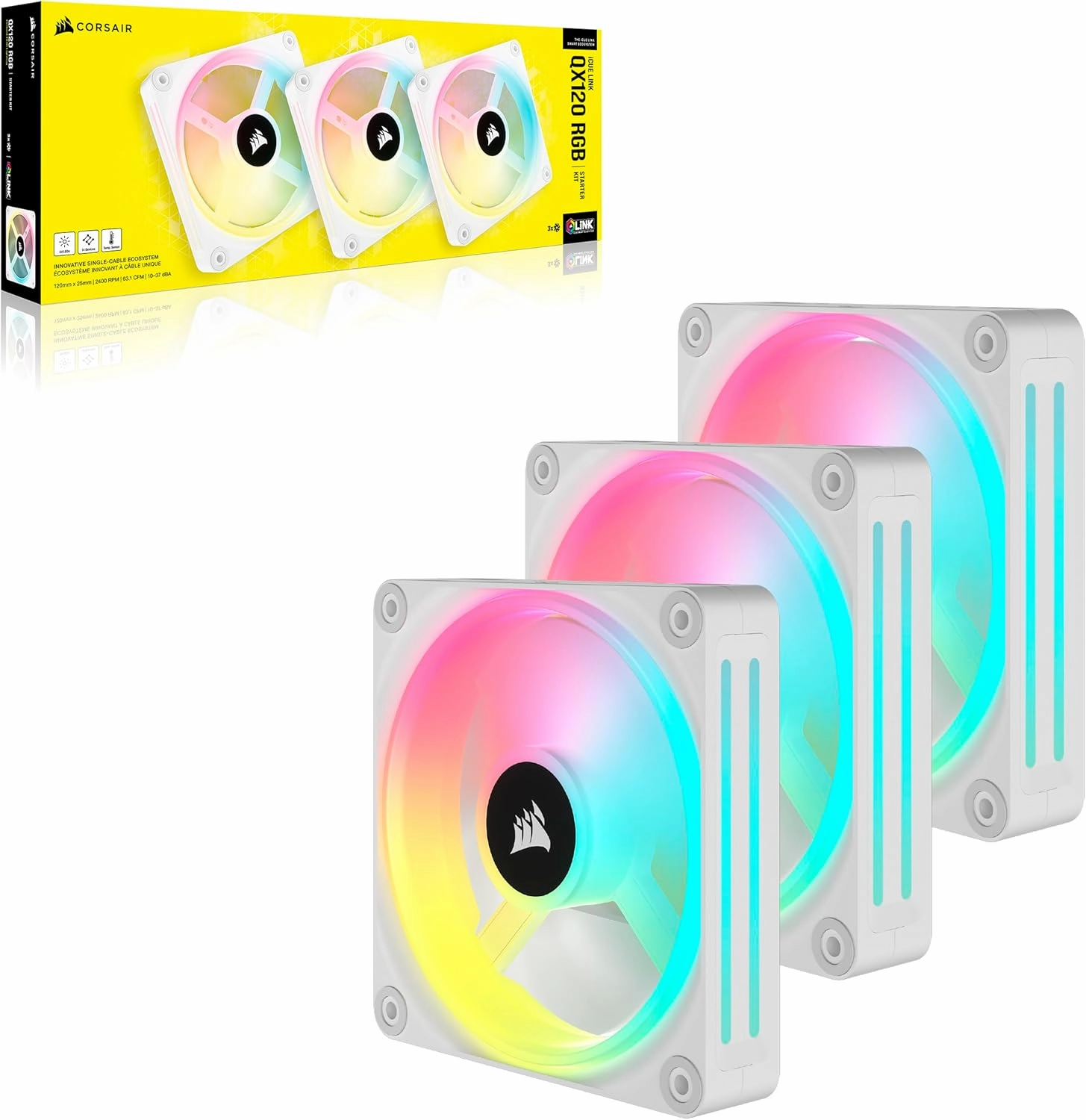 Corsair iCUE LINK QX120 RGB 120mm Magnetic Dome RGB Fans - Triple Fan Starter Kit with iCUE LINK System Hub - White