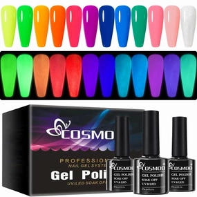 COSMOO 12PCS Glow in The Dark Gel Nail Polish, Luminous Neon Nail Polish Set Hot Pink Yellow Purple Blue Fluorescent Bright Polish with Glow Effect for Halloween