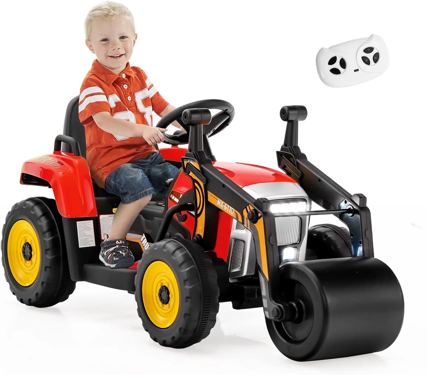 Costzon Ride on Car, 12V Road Roller with Remote Control, Battery Powered Electric Tractor w/Adjustable Drum Roller, LED Lights, Music, USB, Wireless Connection, Electric Car for Kids (Red)