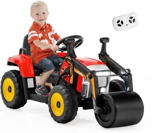 Costzon Ride on Car, 12V Road Roller with Remote Control, Battery Powered Electric Tractor w/Adjustable Drum Roller, LED Lights, Music, USB, Wireless Connection, Electric Car for Kids (Red)