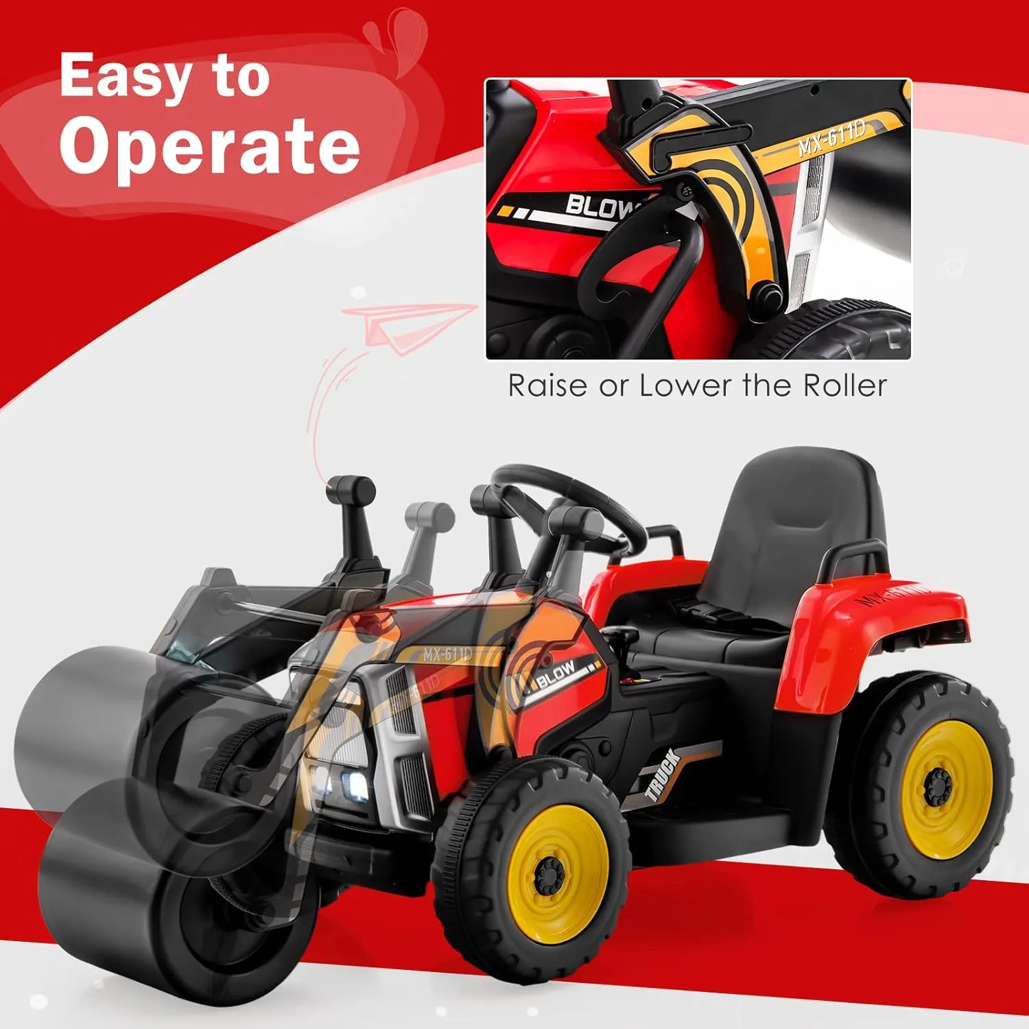 Costzon Ride on Car, 12V Road Roller with Remote Control, Battery Powered Electric Tractor w/Adjustable Drum Roller, LED Lights, Music, USB, Wireless Connection, Electric Car for Kids (Red)