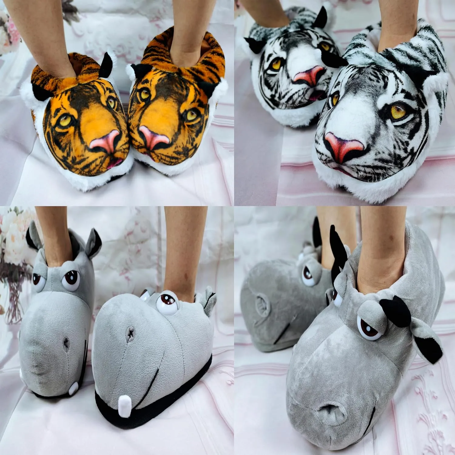 Cotton Hippo Slippers - Adult & Children Plush Animal Slippers - Gray