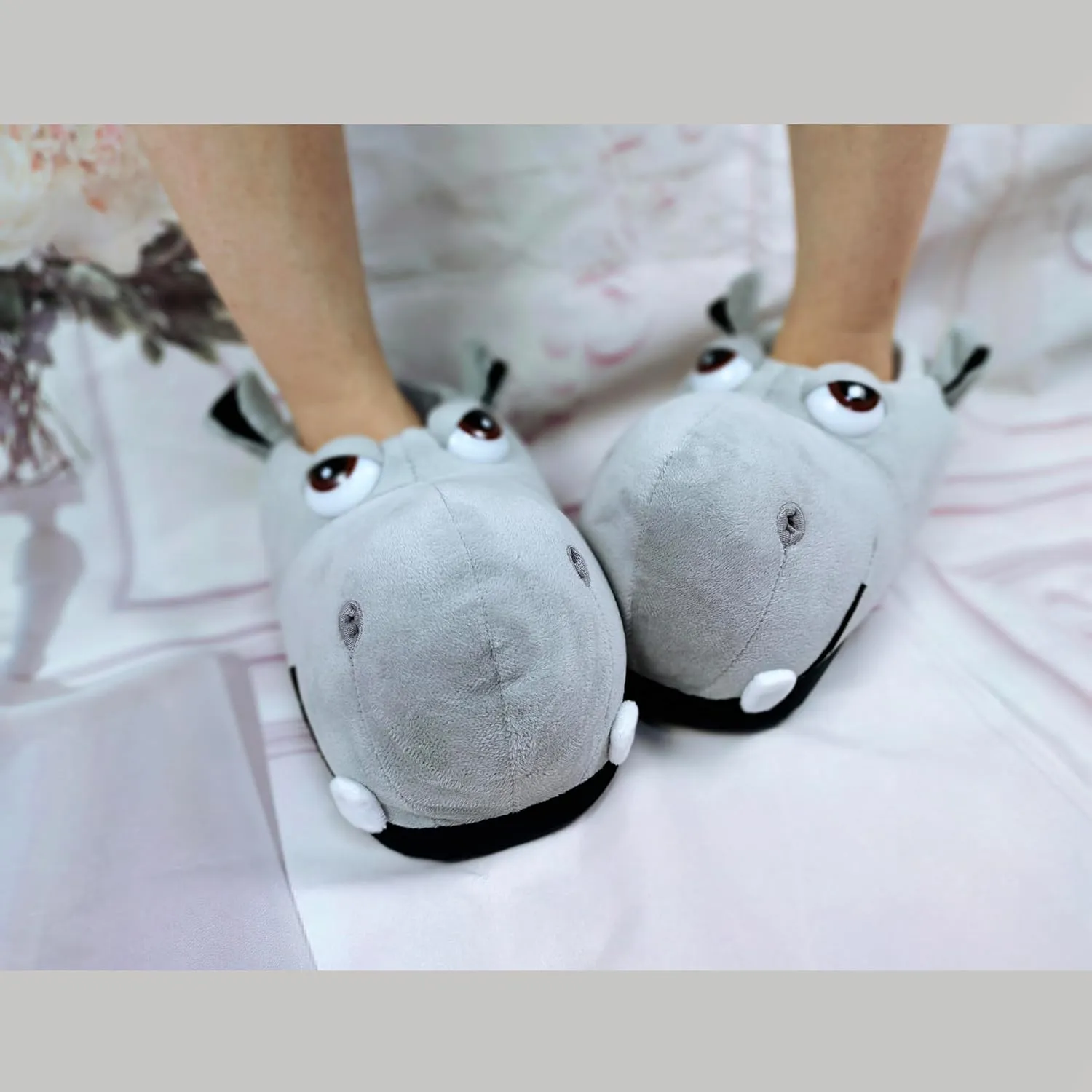 Cotton Hippo Slippers - Adult & Children Plush Animal Slippers - Gray