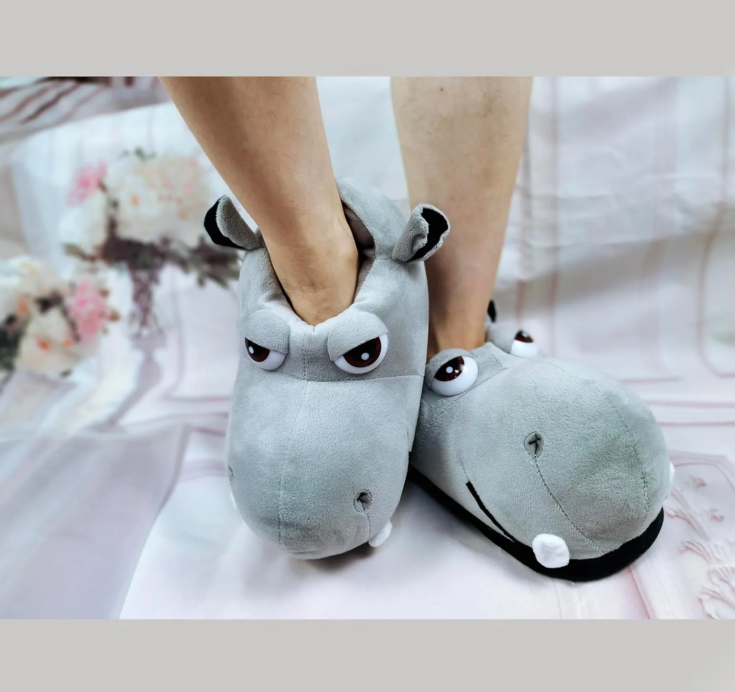 Cotton Hippo Slippers - Adult & Children Plush Animal Slippers - Gray