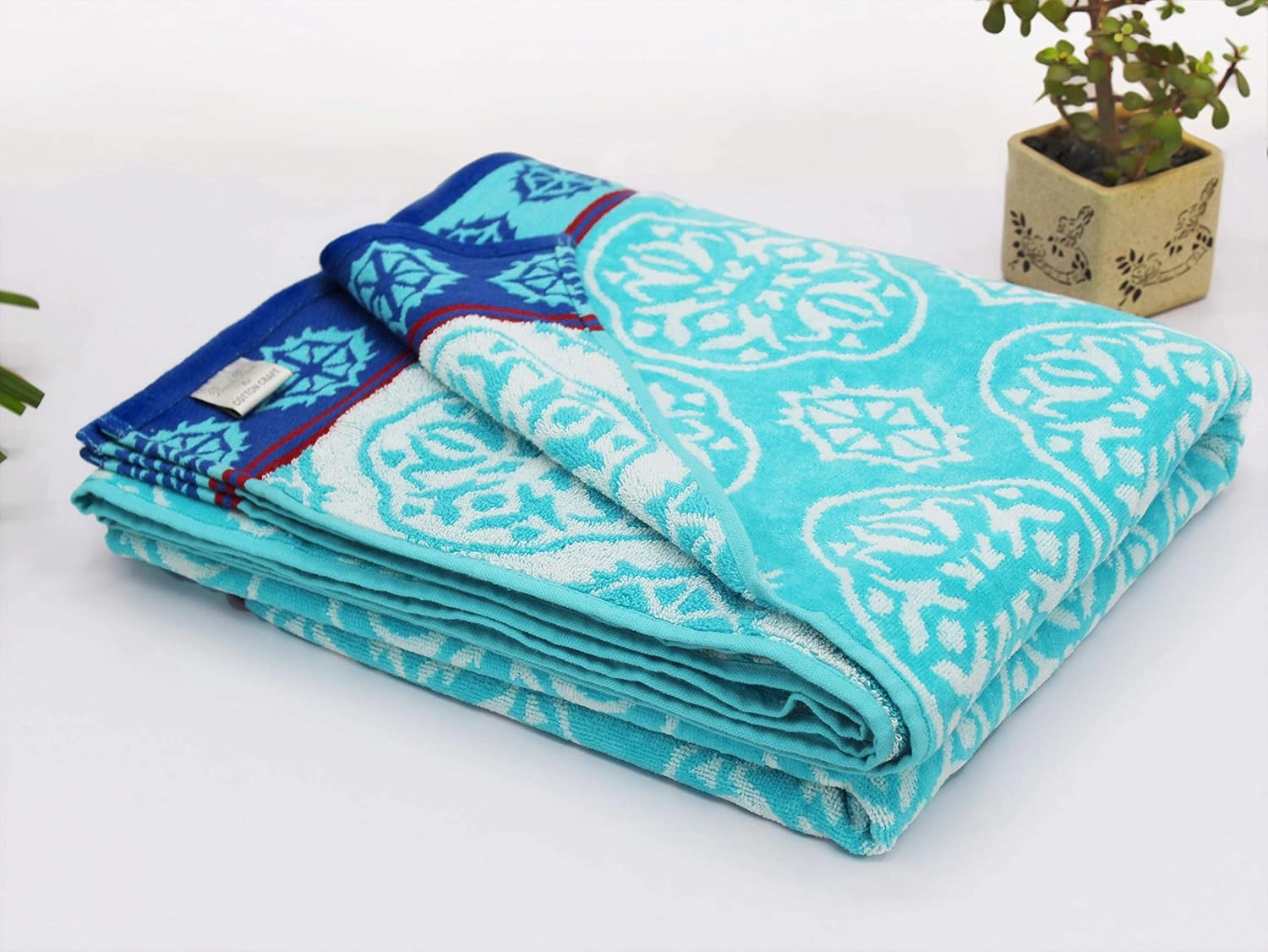 COTTON CRAFT Oversized Extra Wide XL Beach Blanket Towel for Two - 58x68-100% Cotton Velour - Big & Huge - Pool Picnic Bath Jacquard Thick Plush Super Soft Luxury - 450 GSM - Summer Trellis Pool Blue