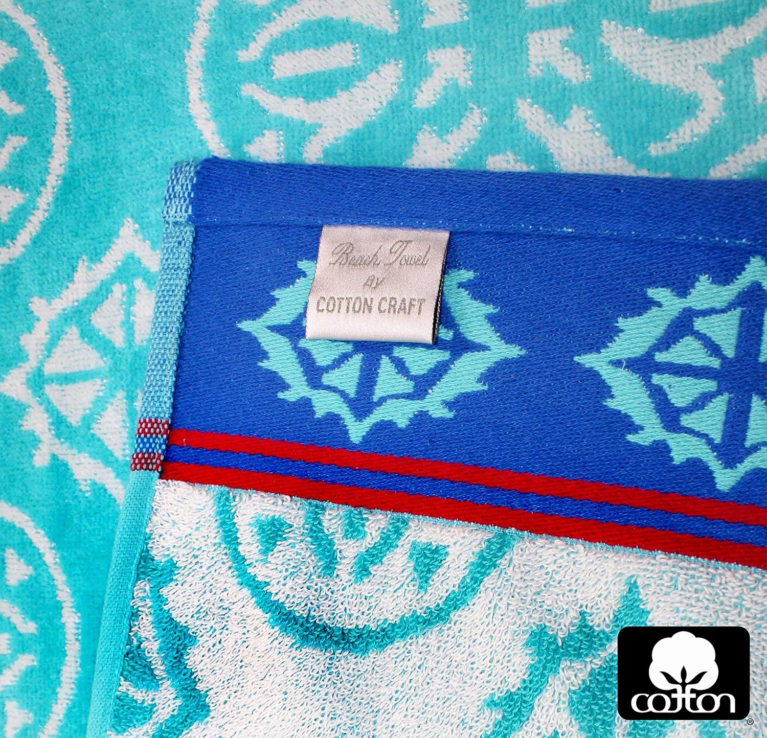 COTTON CRAFT Oversized Extra Wide XL Beach Blanket Towel for Two - 58x68-100% Cotton Velour - Big & Huge - Pool Picnic Bath Jacquard Thick Plush Super Soft Luxury - 450 GSM - Summer Trellis Pool Blue