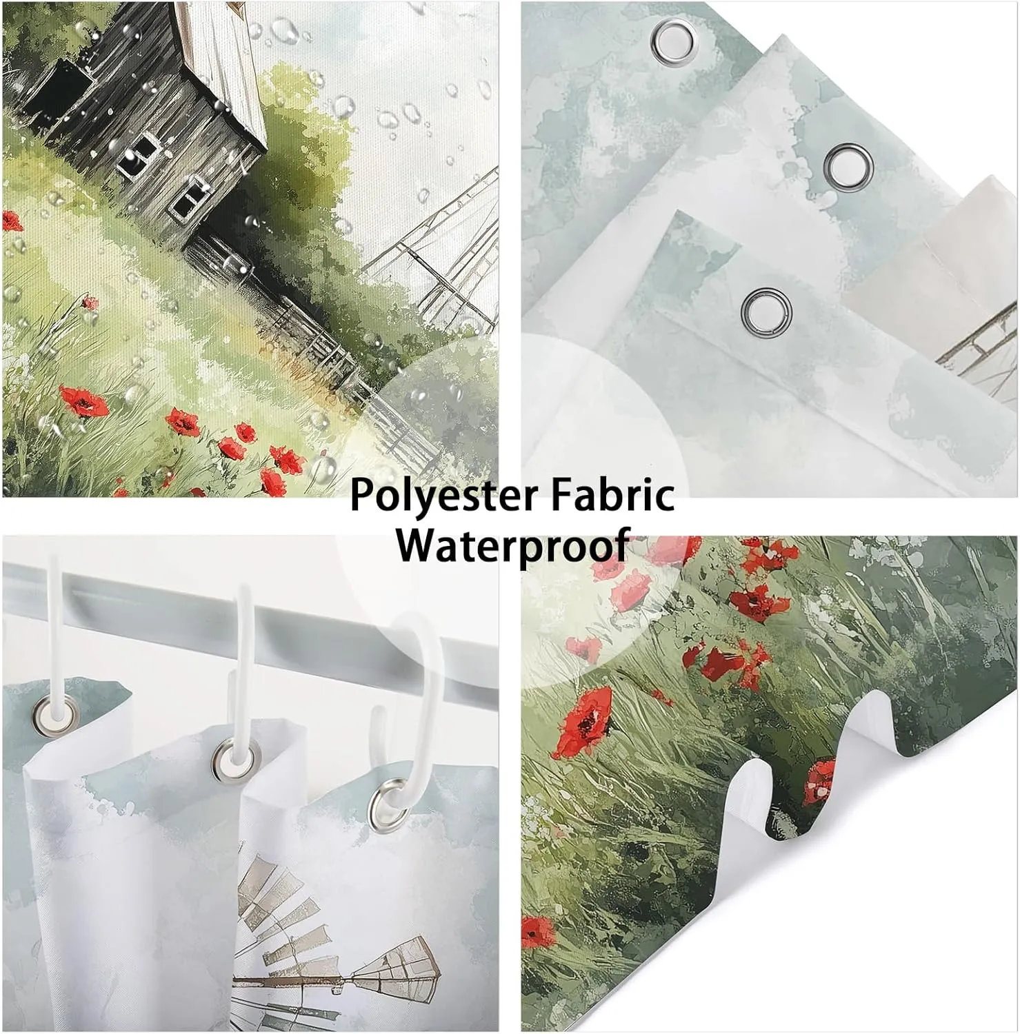 Country Shower Curtain, Farm Barn Retro Western Rustic Farmhouse Country Cabin Bathroom Curtain Set, Polyester Fabric Waterproof Bathroom Accessory Set with 12 Hooks 72"x72"