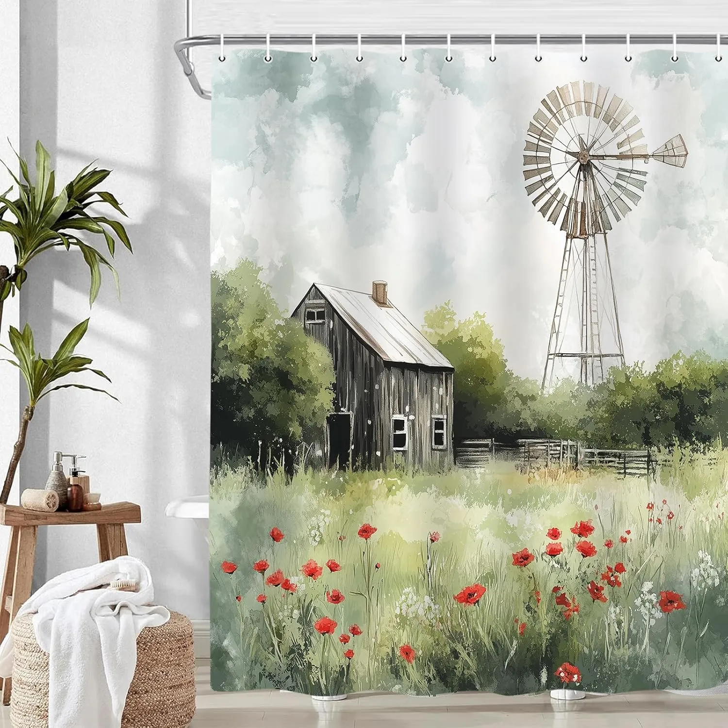 Country Shower Curtain, Farm Barn Retro Western Rustic Farmhouse Country Cabin Bathroom Curtain Set, Polyester Fabric Waterproof Bathroom Accessory Set with 12 Hooks 72"x72"