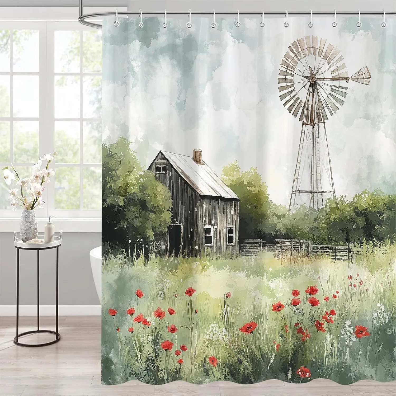 Country Shower Curtain, Farm Barn Retro Western Rustic Farmhouse Country Cabin Bathroom Curtain Set, Polyester Fabric Waterproof Bathroom Accessory Set with 12 Hooks 72"x72"