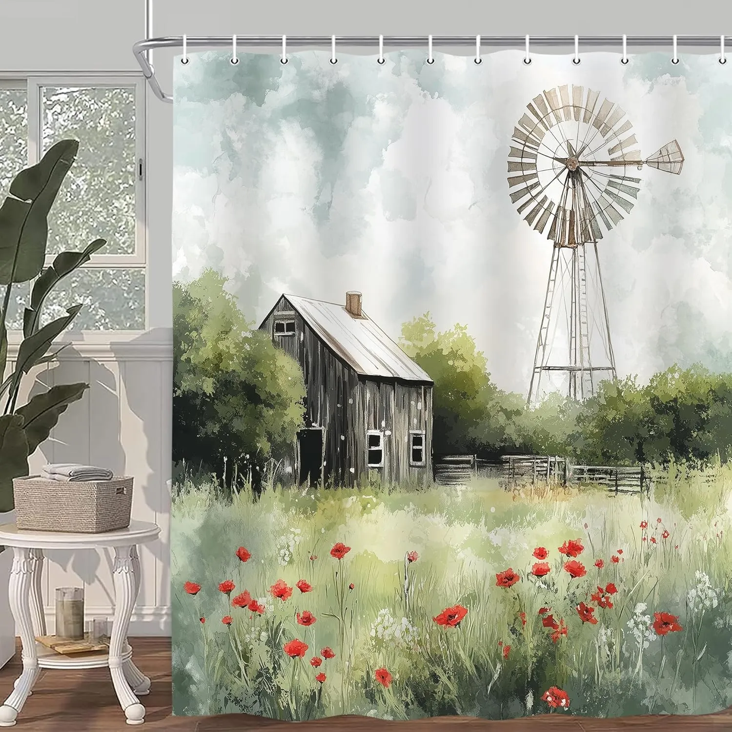 Country Shower Curtain, Farm Barn Retro Western Rustic Farmhouse Country Cabin Bathroom Curtain Set, Polyester Fabric Waterproof Bathroom Accessory Set with 12 Hooks 72"x72"