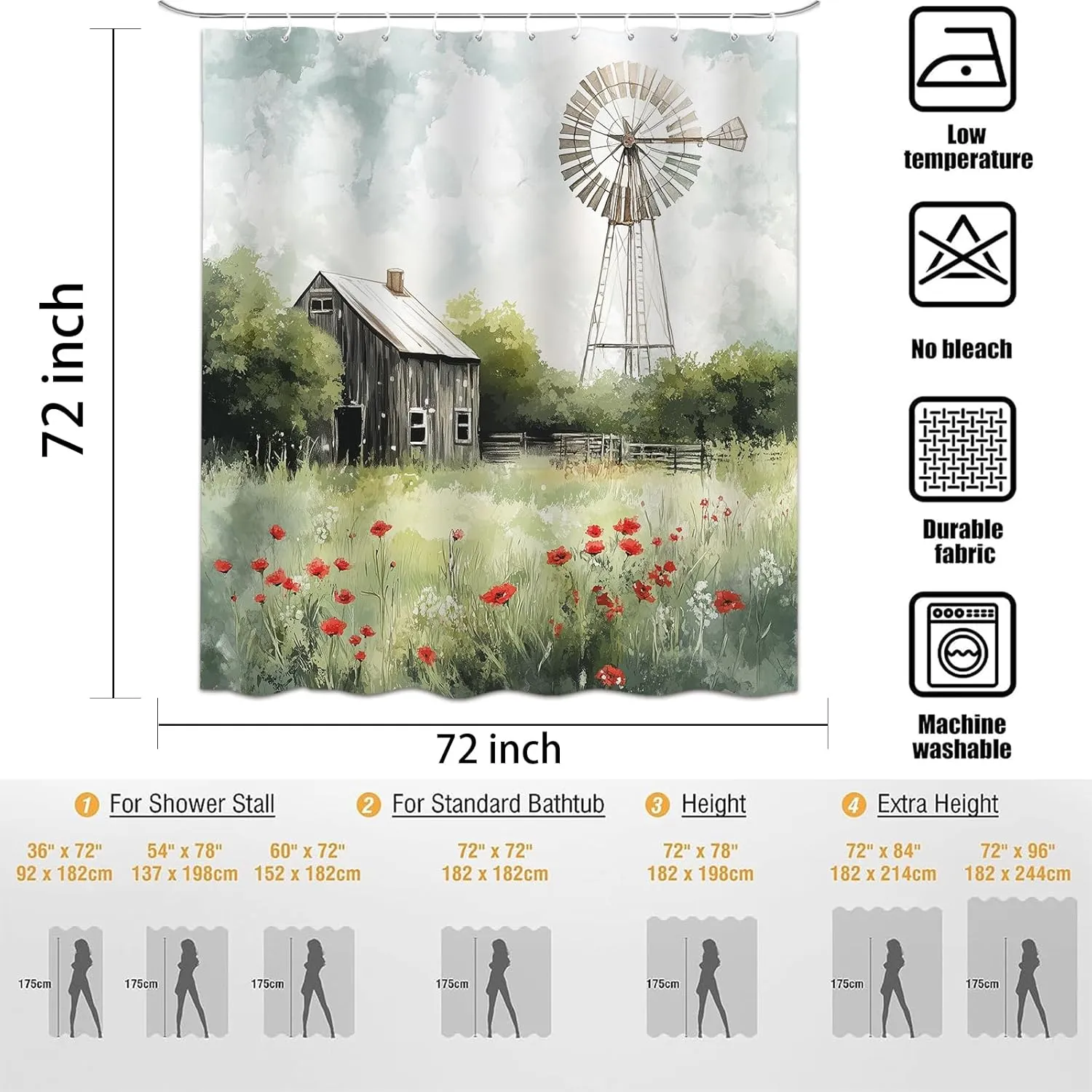 Country Shower Curtain, Farm Barn Retro Western Rustic Farmhouse Country Cabin Bathroom Curtain Set, Polyester Fabric Waterproof Bathroom Accessory Set with 12 Hooks 72"x72"