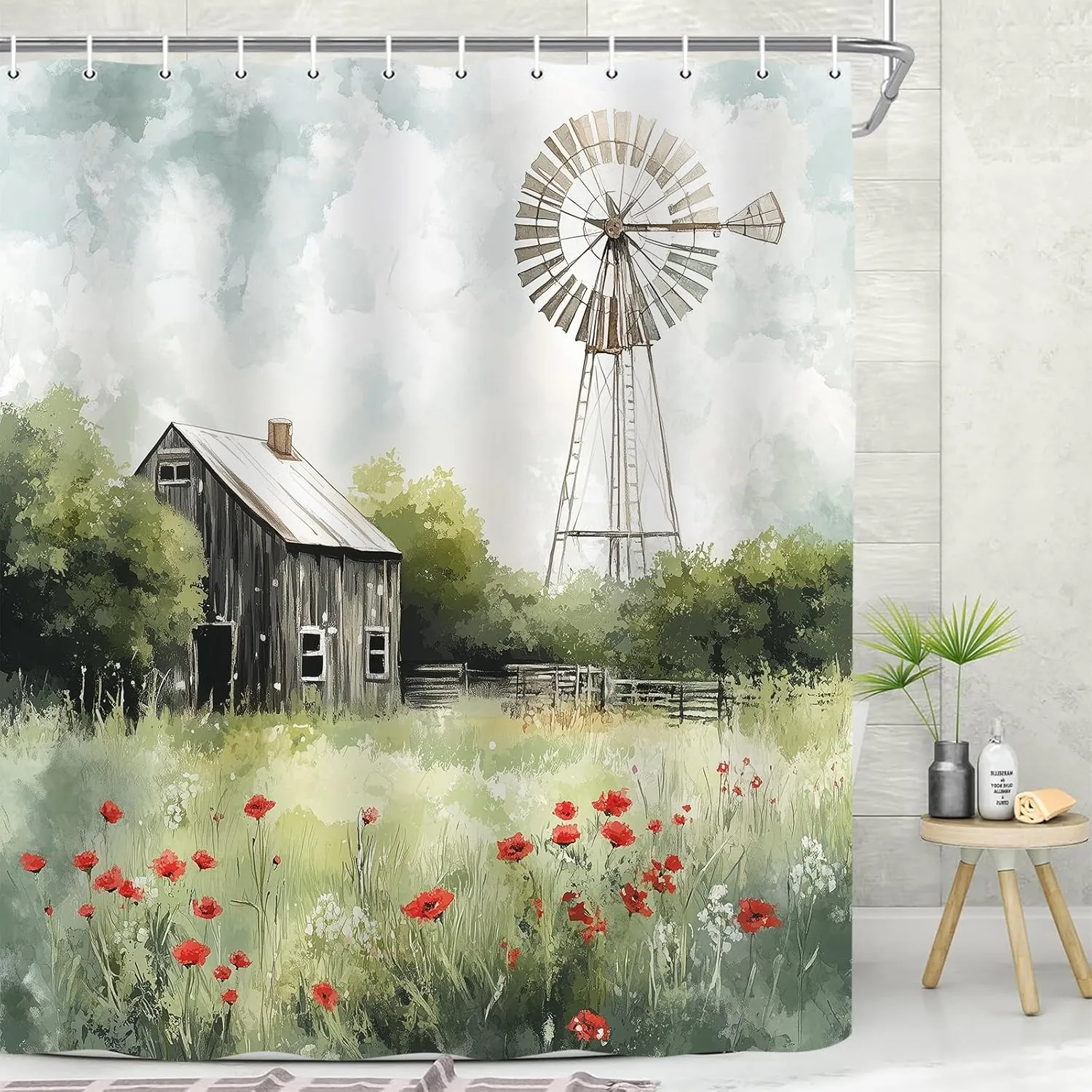 Country Shower Curtain, Farm Barn Retro Western Rustic Farmhouse Country Cabin Bathroom Curtain Set, Polyester Fabric Waterproof Bathroom Accessory Set with 12 Hooks 72"x72"