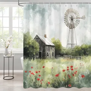 Country Shower Curtain, Farm Barn Retro Western Rustic Farmhouse Country Cabin Bathroom Curtain Set, Polyester Fabric Waterproof Bathroom Accessory Set with 12 Hooks 72"x72"