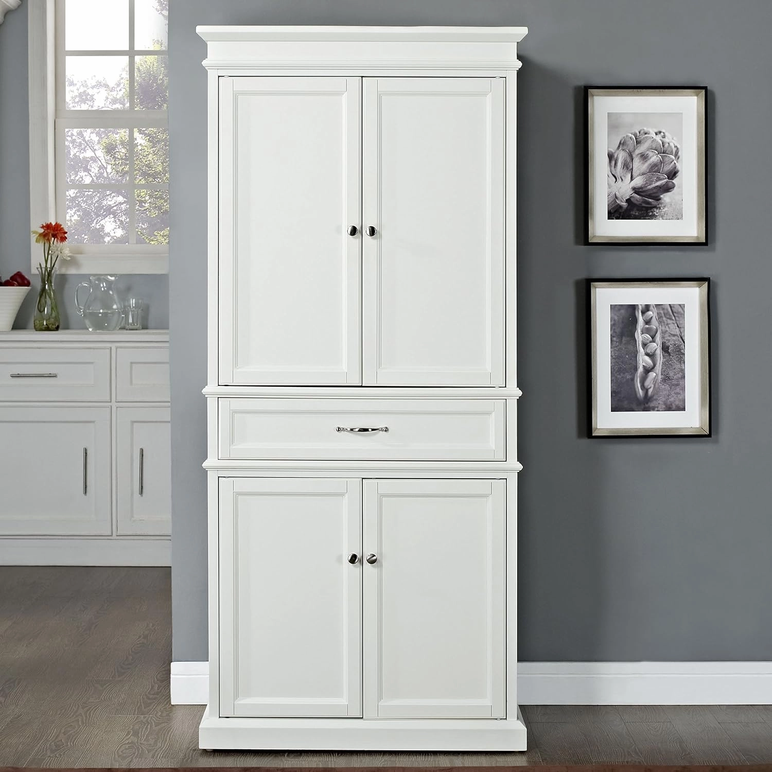 Crosley Furniture Parsons Traditional Pantry Storage Cabinet with Shelves, Kitchen, Dining, or Laundry Room, White
