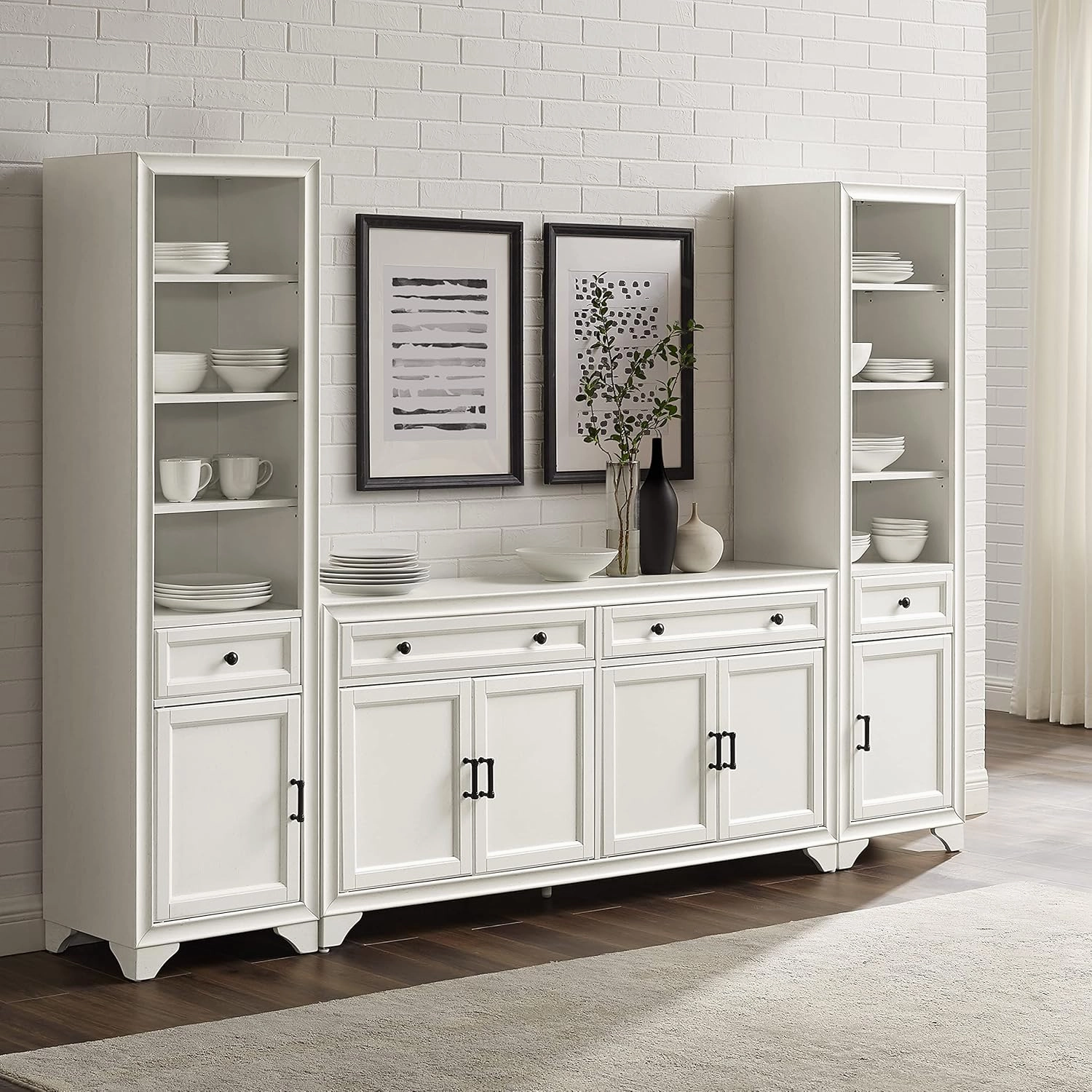 Crosley Furniture Tara 3-Piece Modern Farmhouse Sideboard Buffet Cabinet and Bookcase Set with Storage, Distressed White