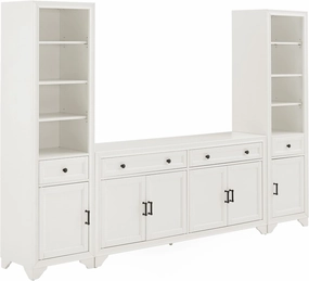 Crosley Furniture Tara 3-Piece Modern Farmhouse Sideboard Buffet Cabinet and Bookcase Set with Storage, Distressed White