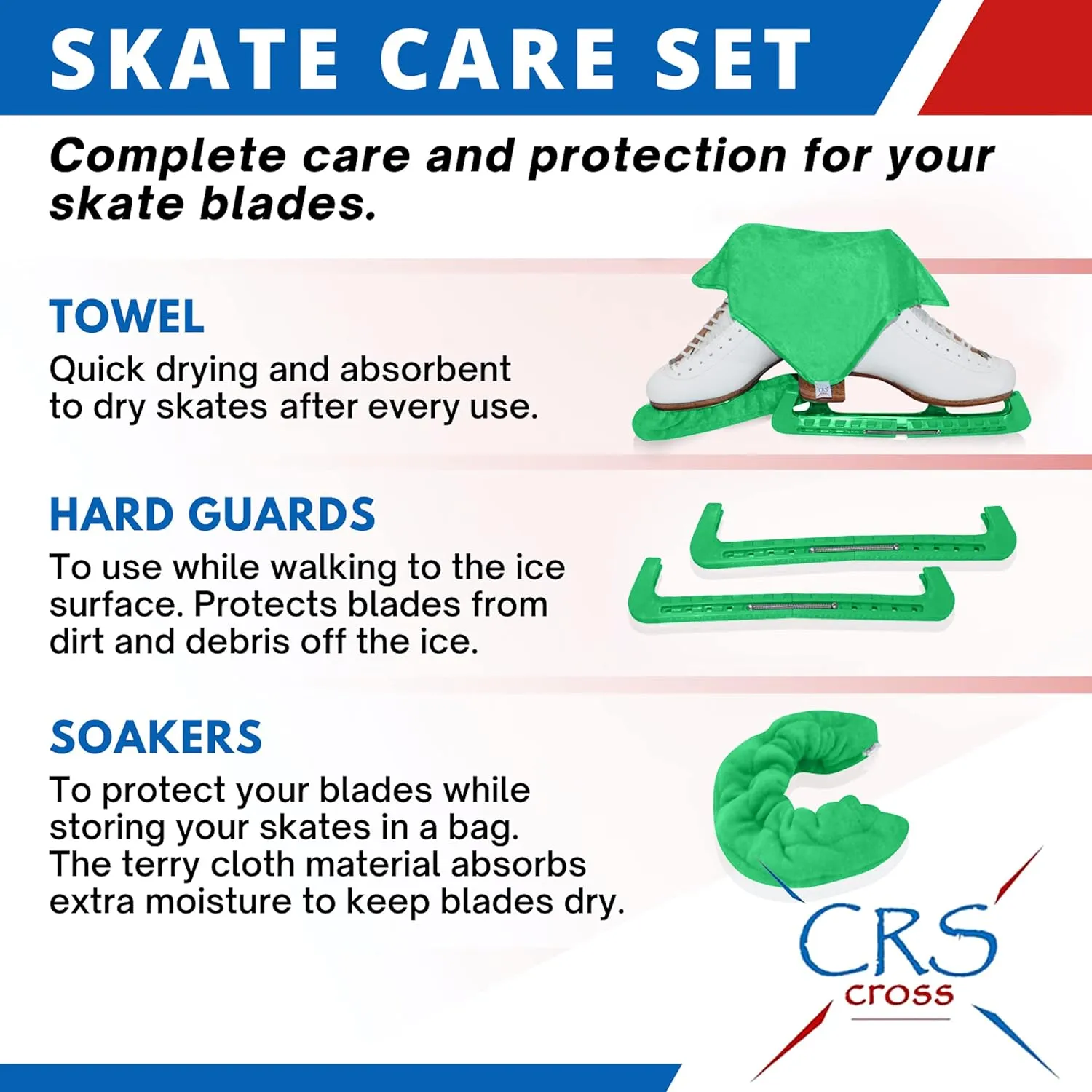 CRS Cross Skate Guards, Soakers and Towel Gift Set - Ice Skating Guards and Soft Skate Blade Covers for Figure Skating or Hockey