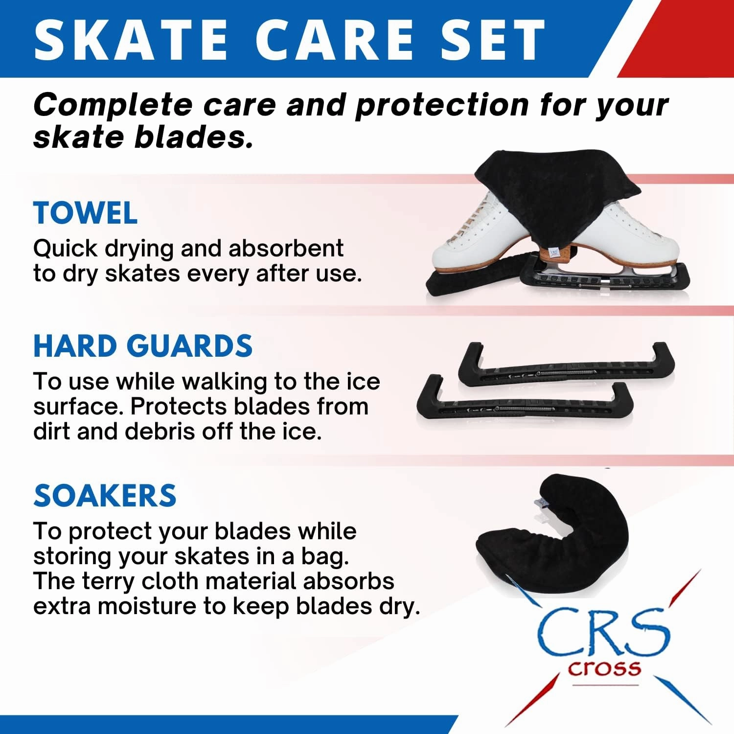 CRS Cross Skate Guards, Soakers and Towel Gift Set - Ice Skating Guards and Soft Skate Blade Covers for Figure Skating or Hockey