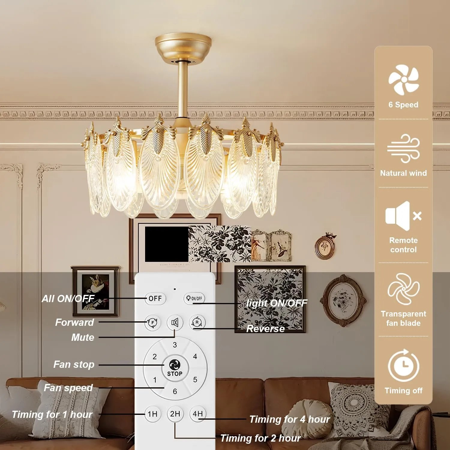 Crystal Fandelier Ceiling Fan with Light Chandelier Fan Glass Semi Flush Mount Remote Control 6 Speeds 20 Inch Low Profile for Girl's Bedroom Living Room Kitchen Island