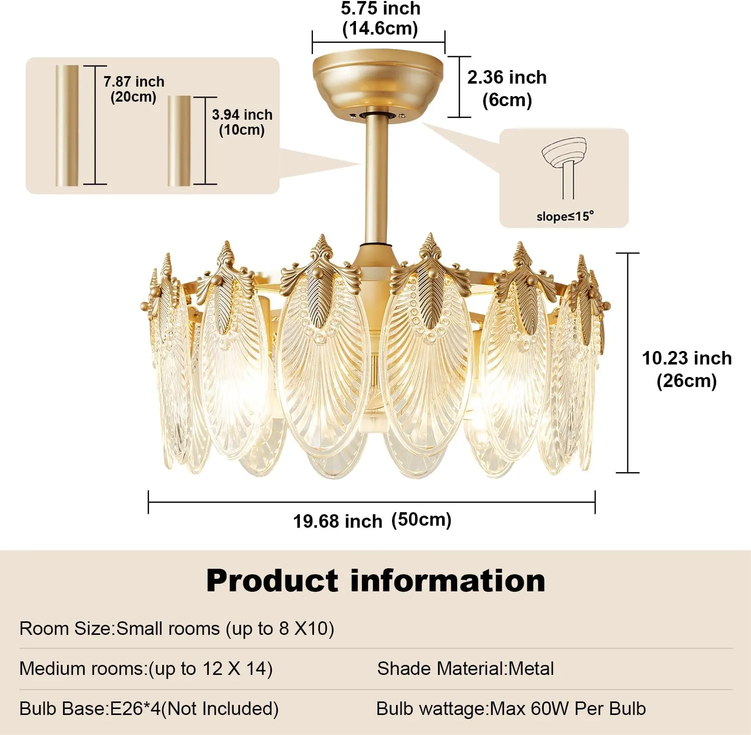 Crystal Fandelier Ceiling Fan with Light Chandelier Fan Glass Semi Flush Mount Remote Control 6 Speeds 20 Inch Low Profile for Girl's Bedroom Living Room Kitchen Island