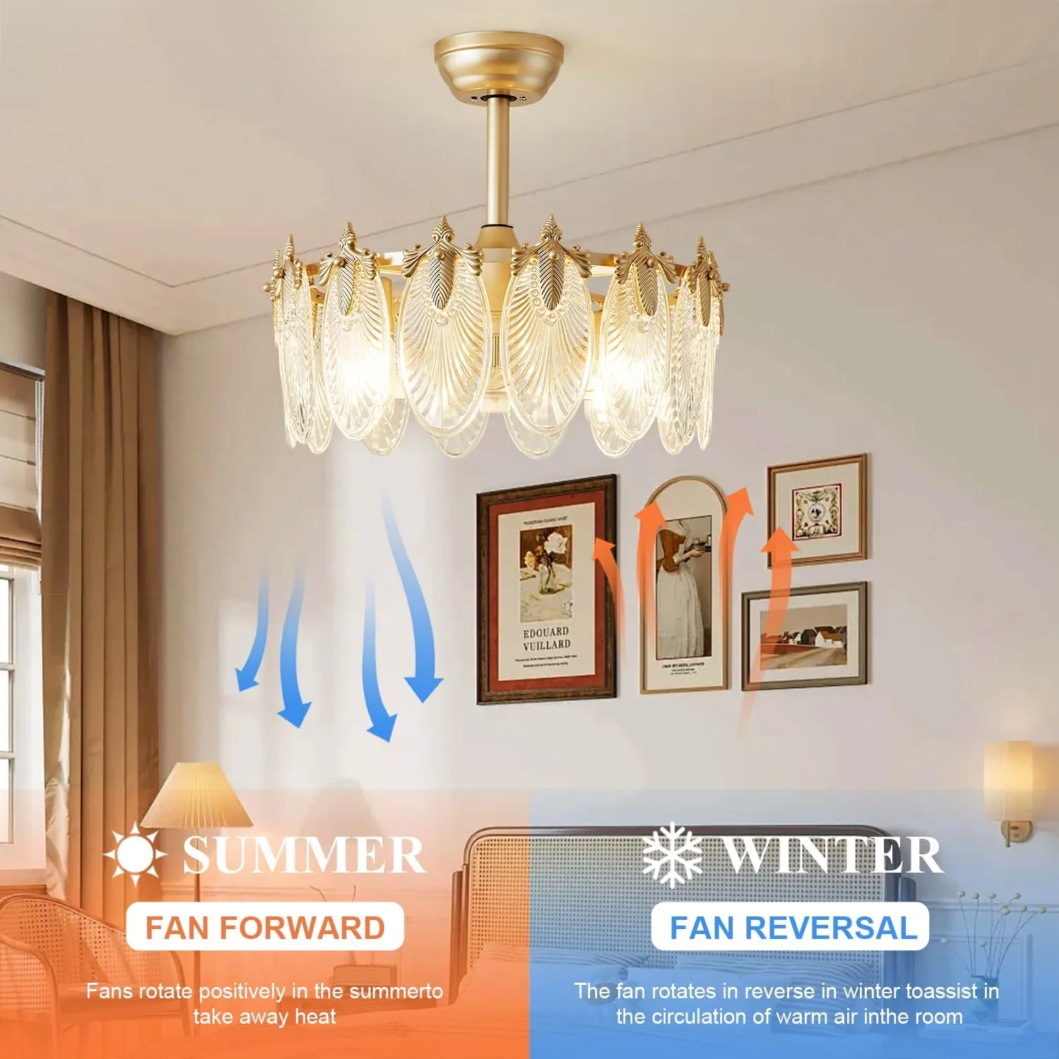 Crystal Fandelier Ceiling Fan with Light Chandelier Fan Glass Semi Flush Mount Remote Control 6 Speeds 20 Inch Low Profile for Girl's Bedroom Living Room Kitchen Island
