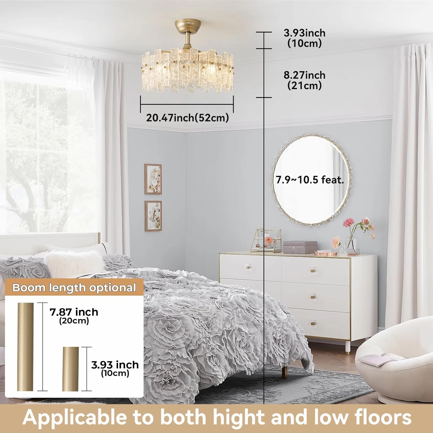 Crystal Chandelier Fan Caged Ceiling Fan with Light Glass Semi Flush Mount Fandelier Remote Control 6 Speeds 20 Inch Low Profile for Girl's Bedroom Living Room Kitchen Island