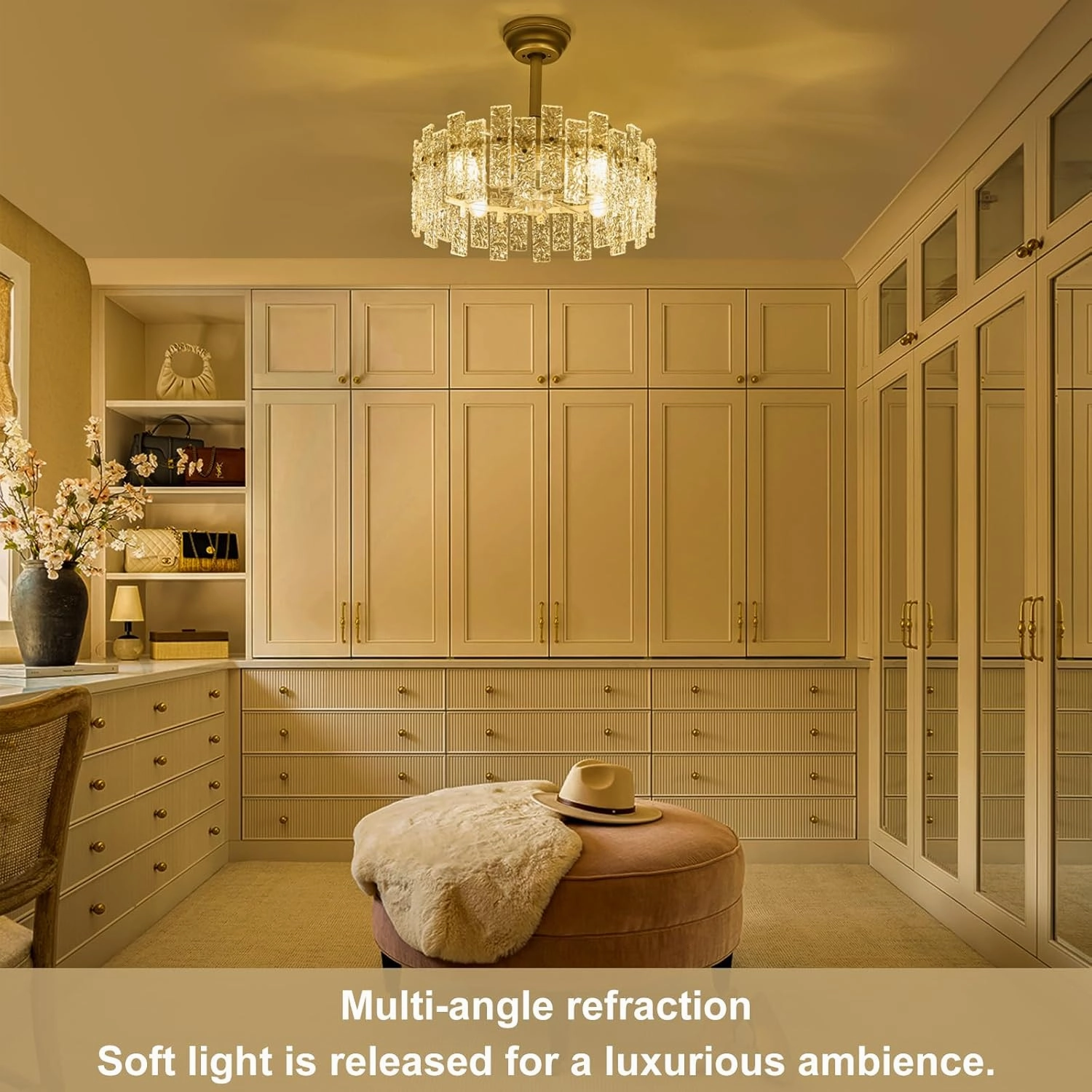Crystal Chandelier Fan Caged Ceiling Fan with Light Glass Semi Flush Mount Fandelier Remote Control 6 Speeds 20 Inch Low Profile for Girl's Bedroom Living Room Kitchen Island