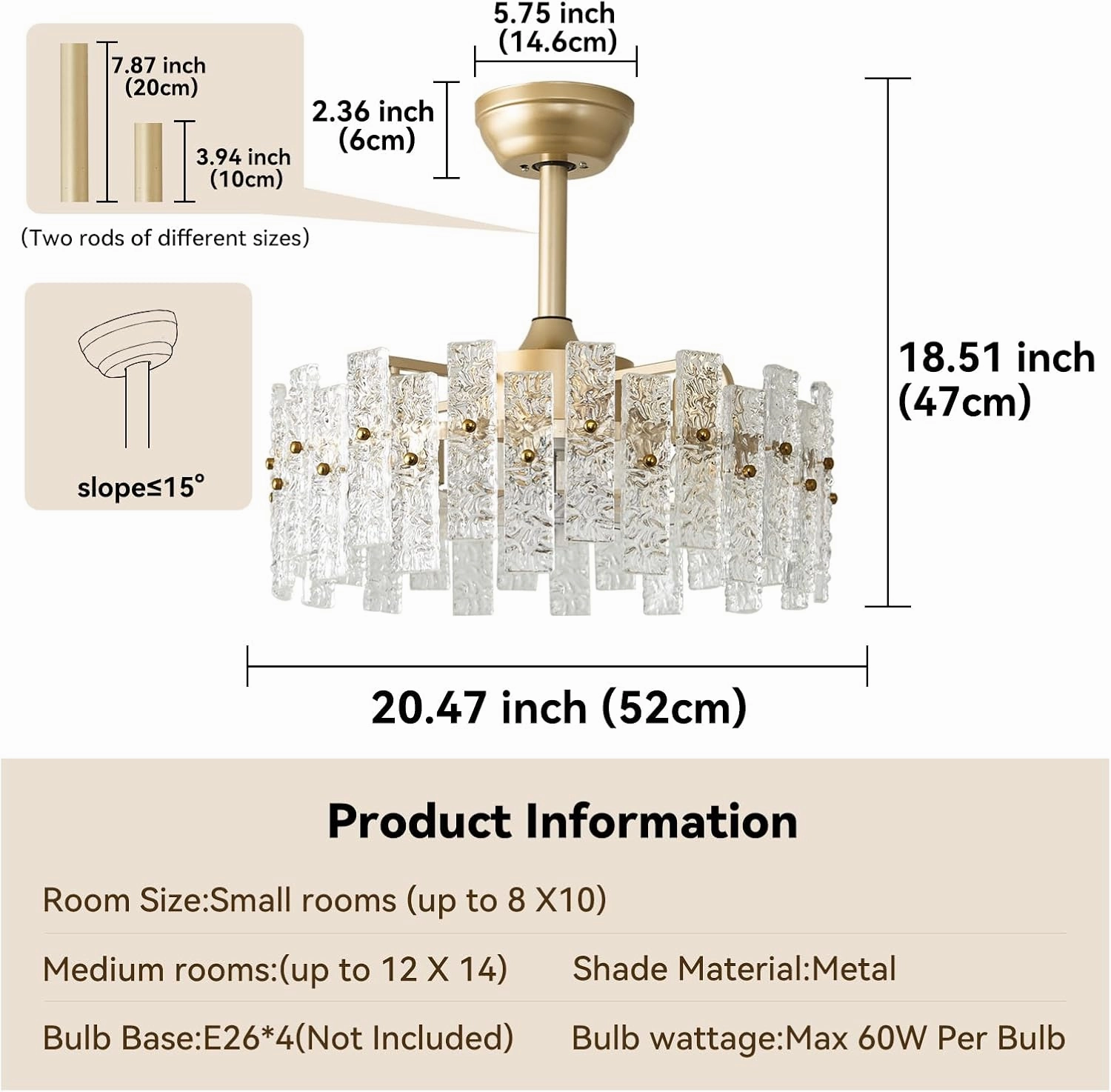 Crystal Chandelier Fan Caged Ceiling Fan with Light Glass Semi Flush Mount Fandelier Remote Control 6 Speeds 20 Inch Low Profile for Girl's Bedroom Living Room Kitchen Island