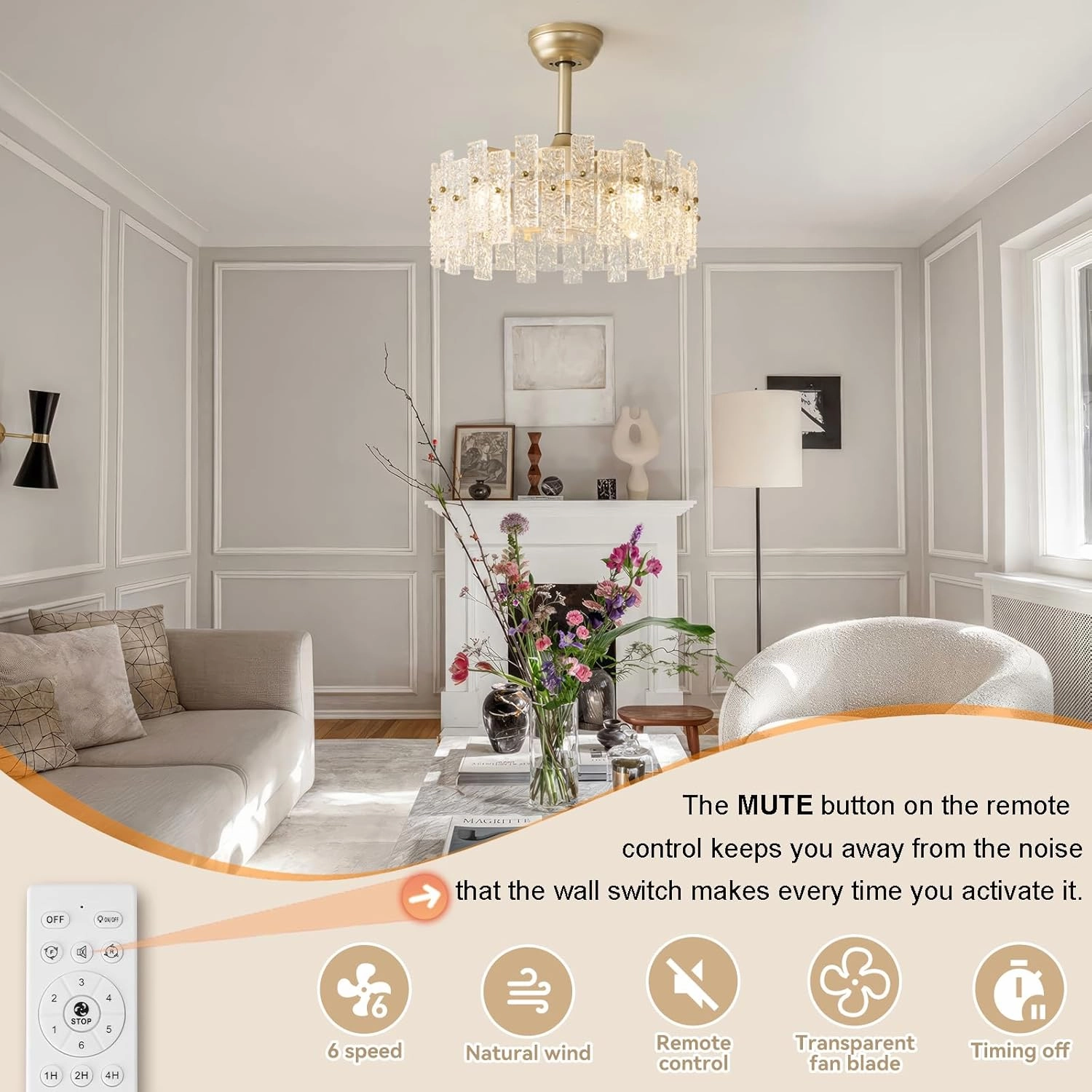 Crystal Chandelier Fan Caged Ceiling Fan with Light Glass Semi Flush Mount Fandelier Remote Control 6 Speeds 20 Inch Low Profile for Girl's Bedroom Living Room Kitchen Island
