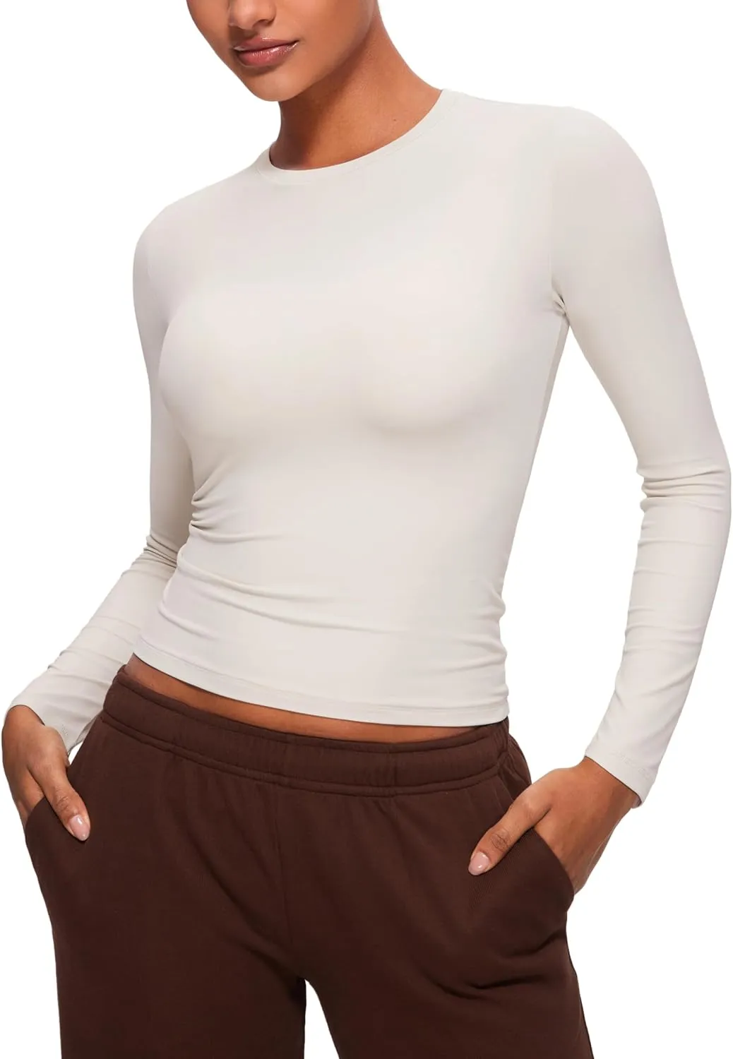 CRZ YOGA Softembrace Long Sleeve Shirts for Women Soft Crew Neck Fall Basic Tight Tops Fitted Casual Going Out T-Shirts