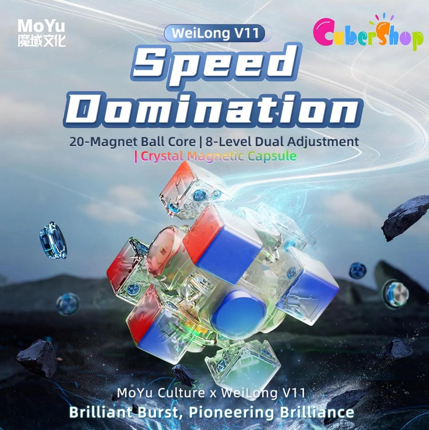 Cubershop Moyu WRM V11 20M Ball core MagLev Magnetic UV Stickerless 3x3 Speed Cube,Latest Arrival Luxury Adjustable Tension 3by3 100 Magnets WRM Pro Flagship Ultra Smooth Deluxe Magic Cloth Cube