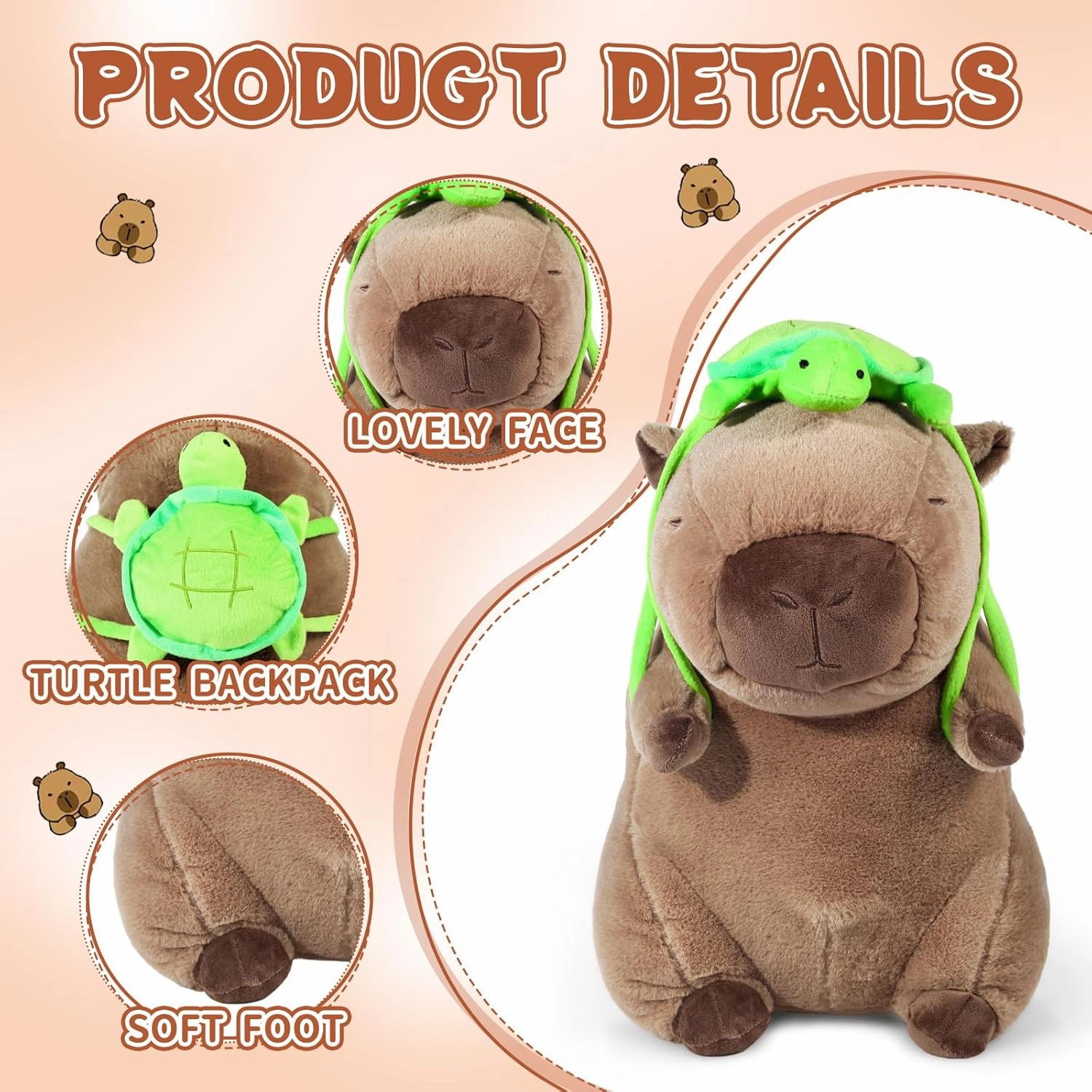 Cute Capybara Plush with Turtle Backpack Soft Capybara Stuffed Animals Capybara Hugging Gifts Capybara Doll Pillow for Kids Girls Toys (Turtle Capybara Brown 15.75 inch)