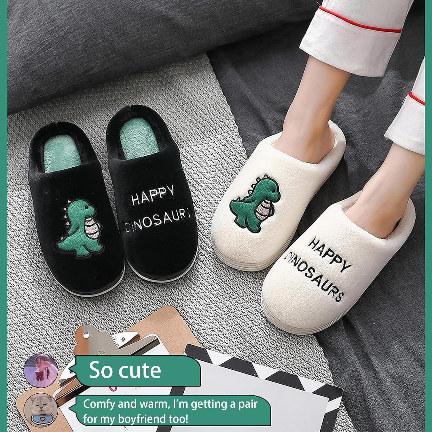 Cute Cartoon Slippers for Couples Kawaii Bear Indoor Non-Slip House Shoes Adorable Happy Dinosaur Plush Home Floor Footwear Unisex