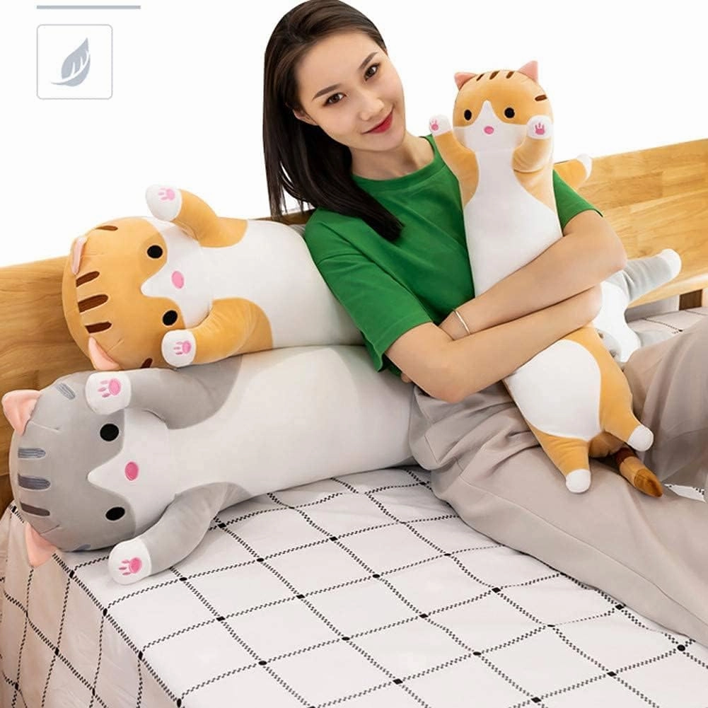 Cute Cat Plush Long Body Pillow Cuddle Cartoon Stuffed Animals Cat Plushie Soft Doll Pillows Gifts for Kids Girls(Gray, 27")
