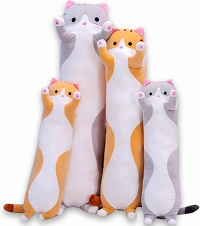 Cute Cat Plush Long Body Pillow Cuddle Cartoon Stuffed Animals Cat Plushie Soft Doll Pillows Gifts for Kids Girls(Gray, 27")