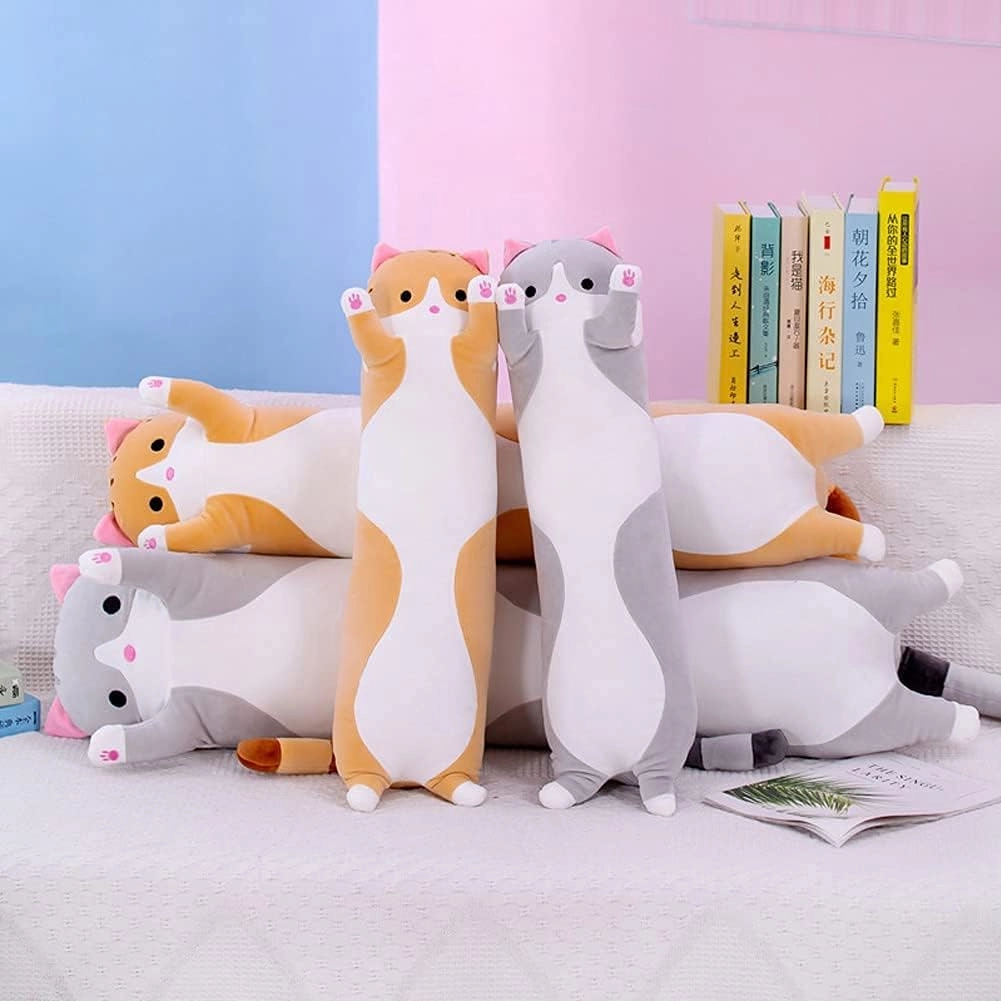 Cute Cat Plush Long Body Pillow Cuddle Cartoon Stuffed Animals Cat Plushie Soft Doll Pillows Gifts for Kids Girls(Gray, 27")