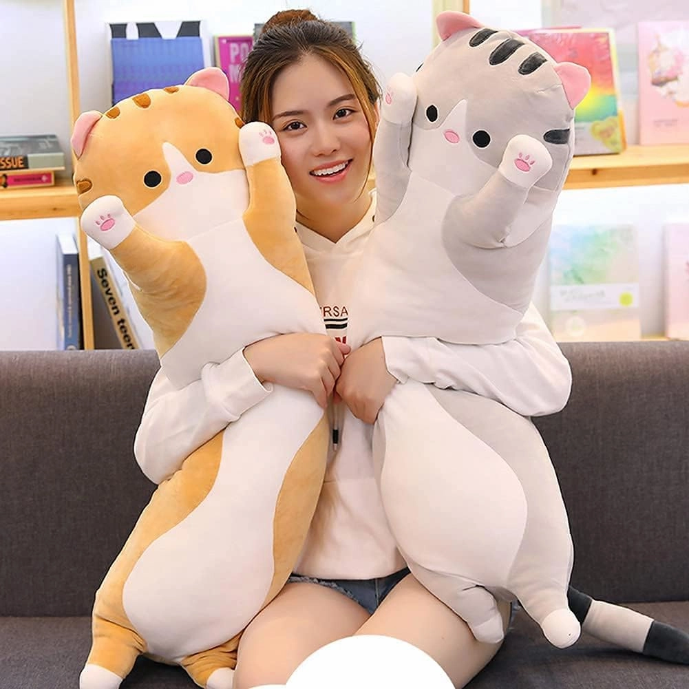 Cute Cat Plush Long Body Pillow Cuddle Cartoon Stuffed Animals Cat Plushie Soft Doll Pillows Gifts for Kids Girls(Gray, 27")