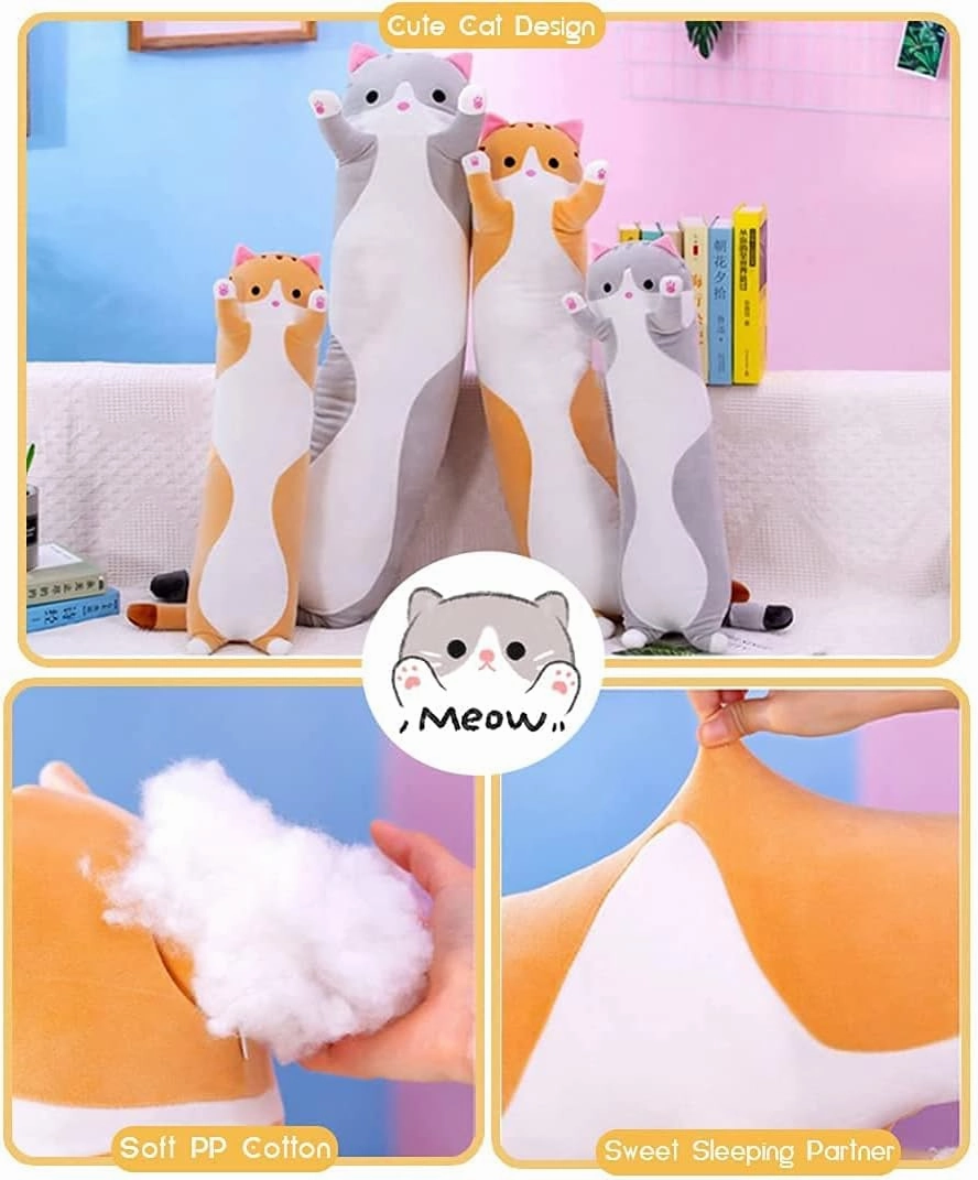 Cute Cat Plush Long Body Pillow Cuddle Cartoon Stuffed Animals Cat Plushie Soft Doll Pillows Gifts for Kids Girls(Gray, 27")