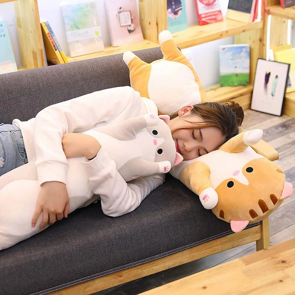 Cute Cat Plush Long Body Pillow Cuddle Cartoon Stuffed Animals Cat Plushie Soft Doll Pillows Gifts for Kids Girls(Gray, 27")