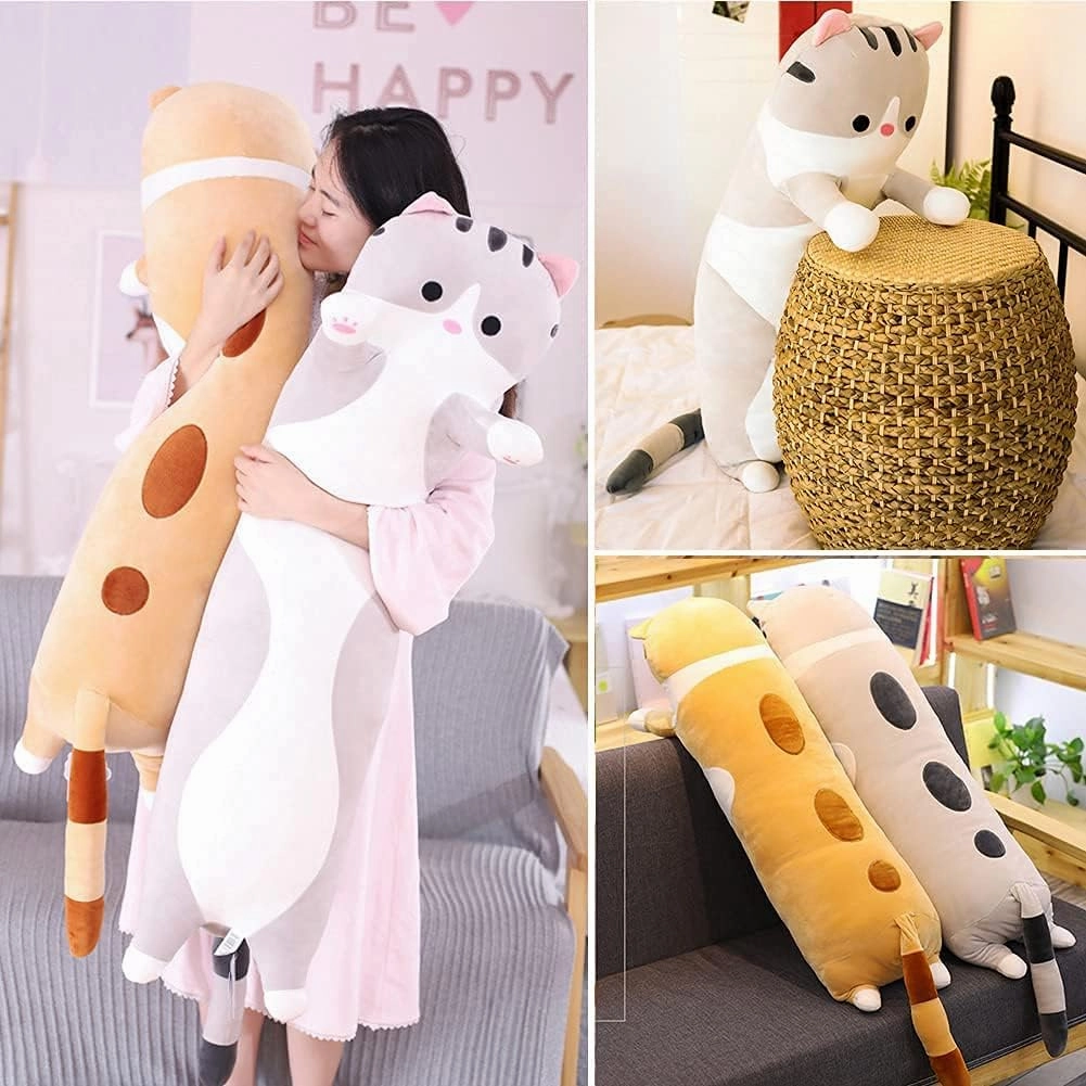 Cute Cat Plush Long Body Pillow Cuddle Cartoon Stuffed Animals Cat Plushie Soft Doll Pillows Gifts for Kids Girls(Gray, 27")