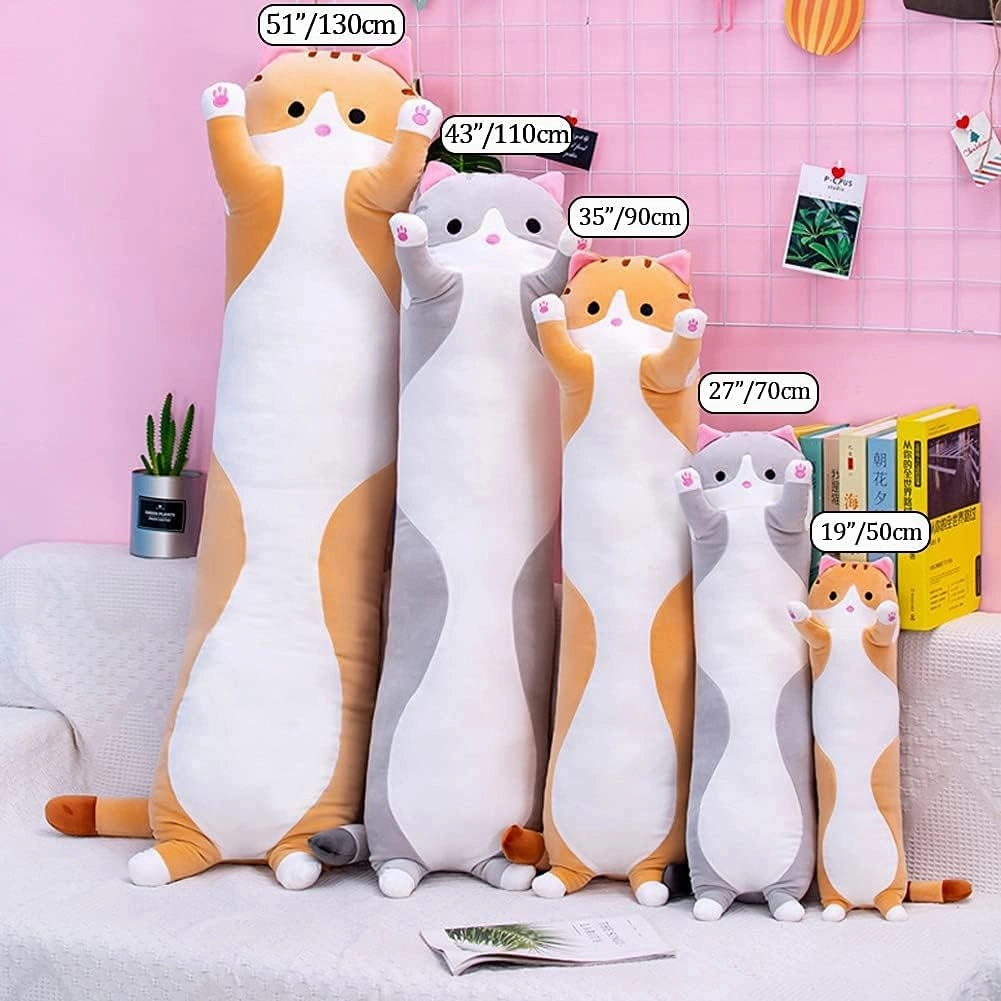 Cute Cat Plush Long Body Pillow Cuddle Cartoon Stuffed Animals Cat Plushie Soft Doll Pillows Gifts for Kids Girls(Gray, 27")