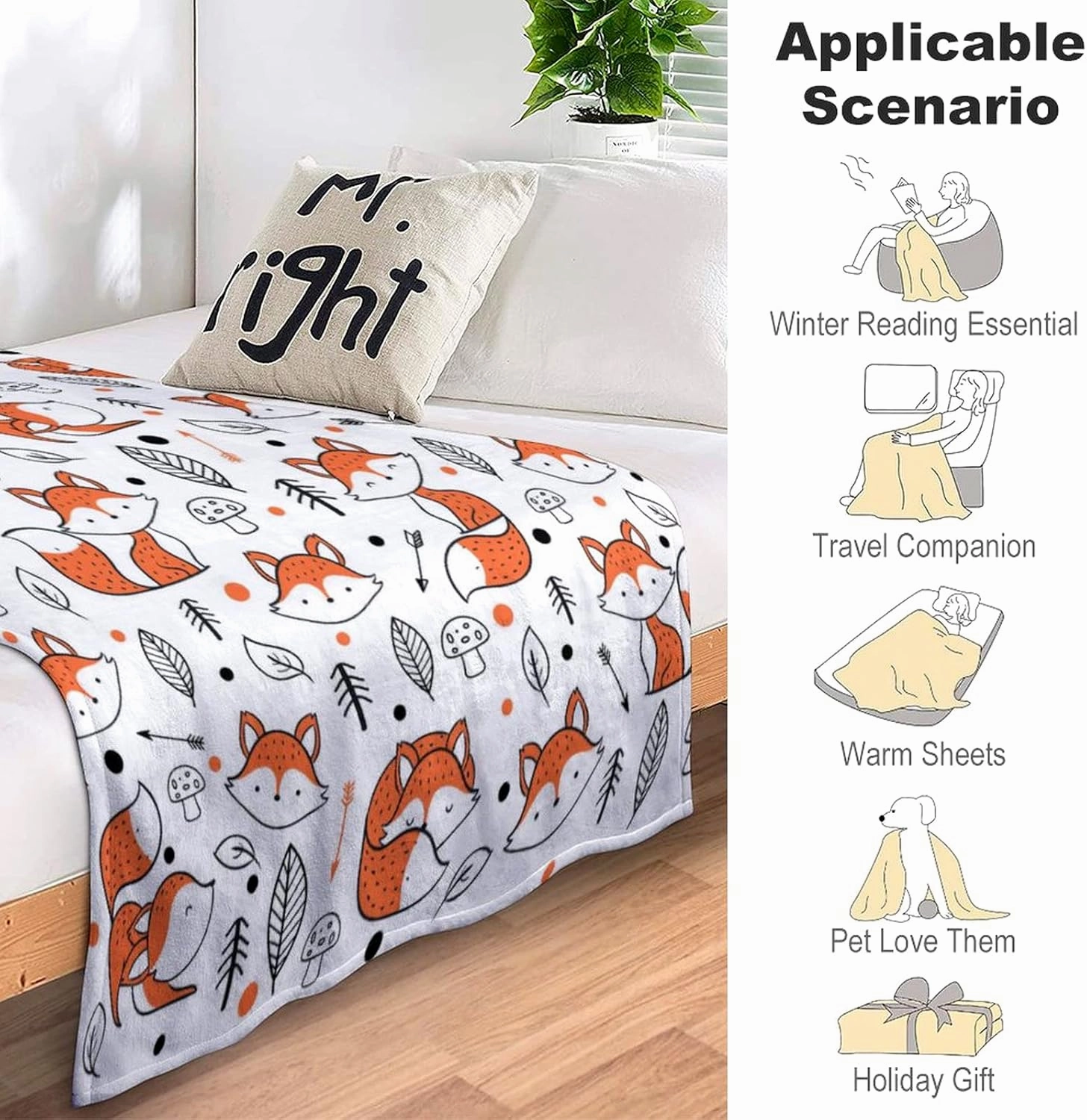 Cute Fox Blanket Super Soft Cozy Flannel Throw Blankets Bedding for Sofa Bedroom Living Room Kids Adults Gifts 60"x50"