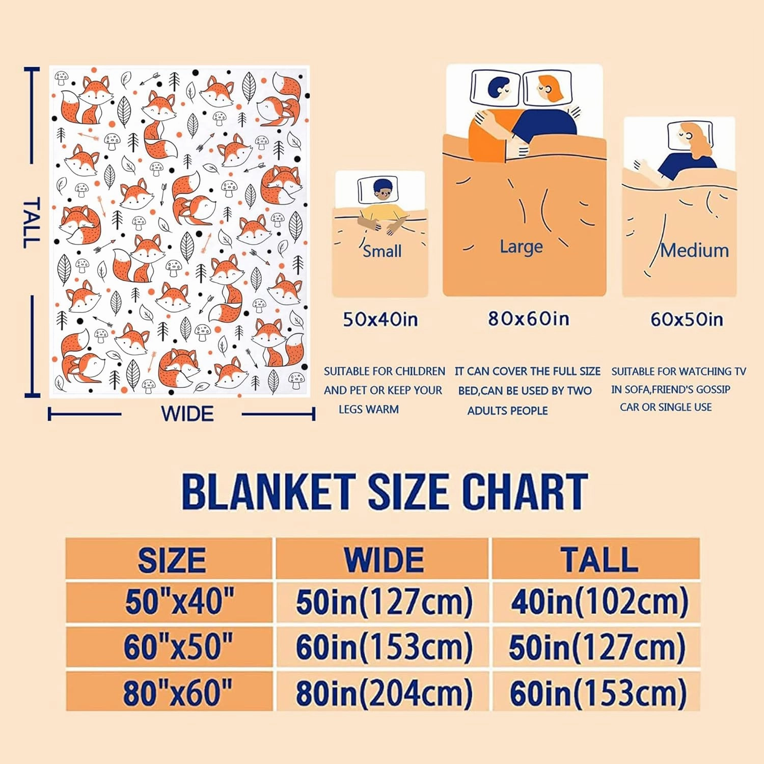 Cute Fox Blanket Super Soft Cozy Flannel Throw Blankets Bedding for Sofa Bedroom Living Room Kids Adults Gifts 60"x50"