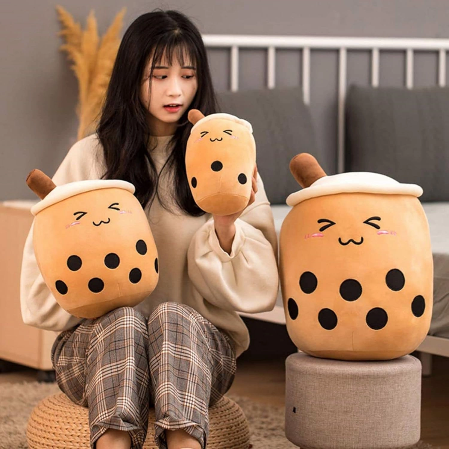 Cute Stuffed Boba Plushie Pillow Milk Tea Cup Plush, Soft Kawaii Hugging Plush Toy for Kids (Closed Eyes, 13.7 inch)